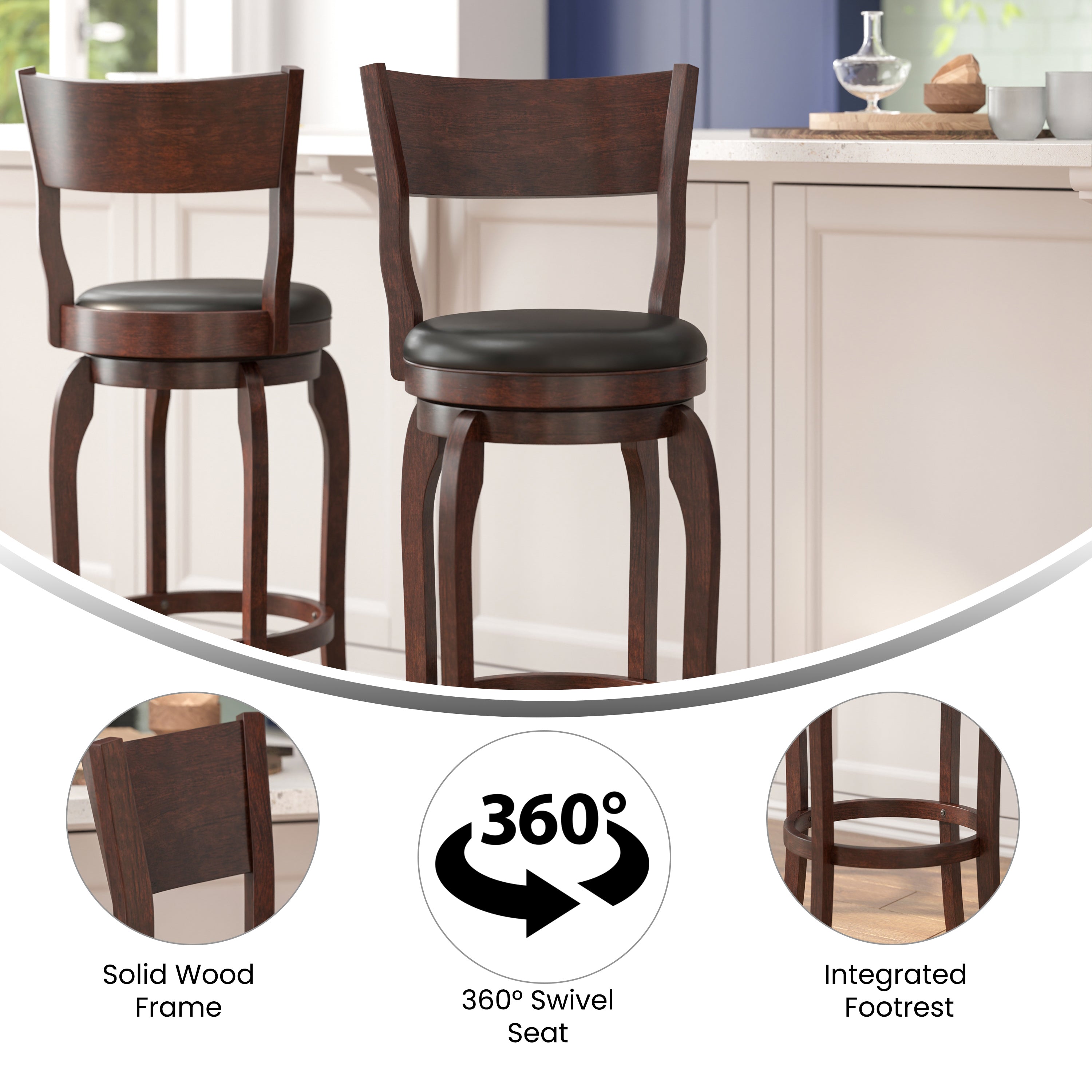 Nichola Commercial Grade Classic Open Back Swivel Bar Height Pub Barstool with Bowed Wooden Frame and Padded LeatherSoft Seat, Espresso/Black