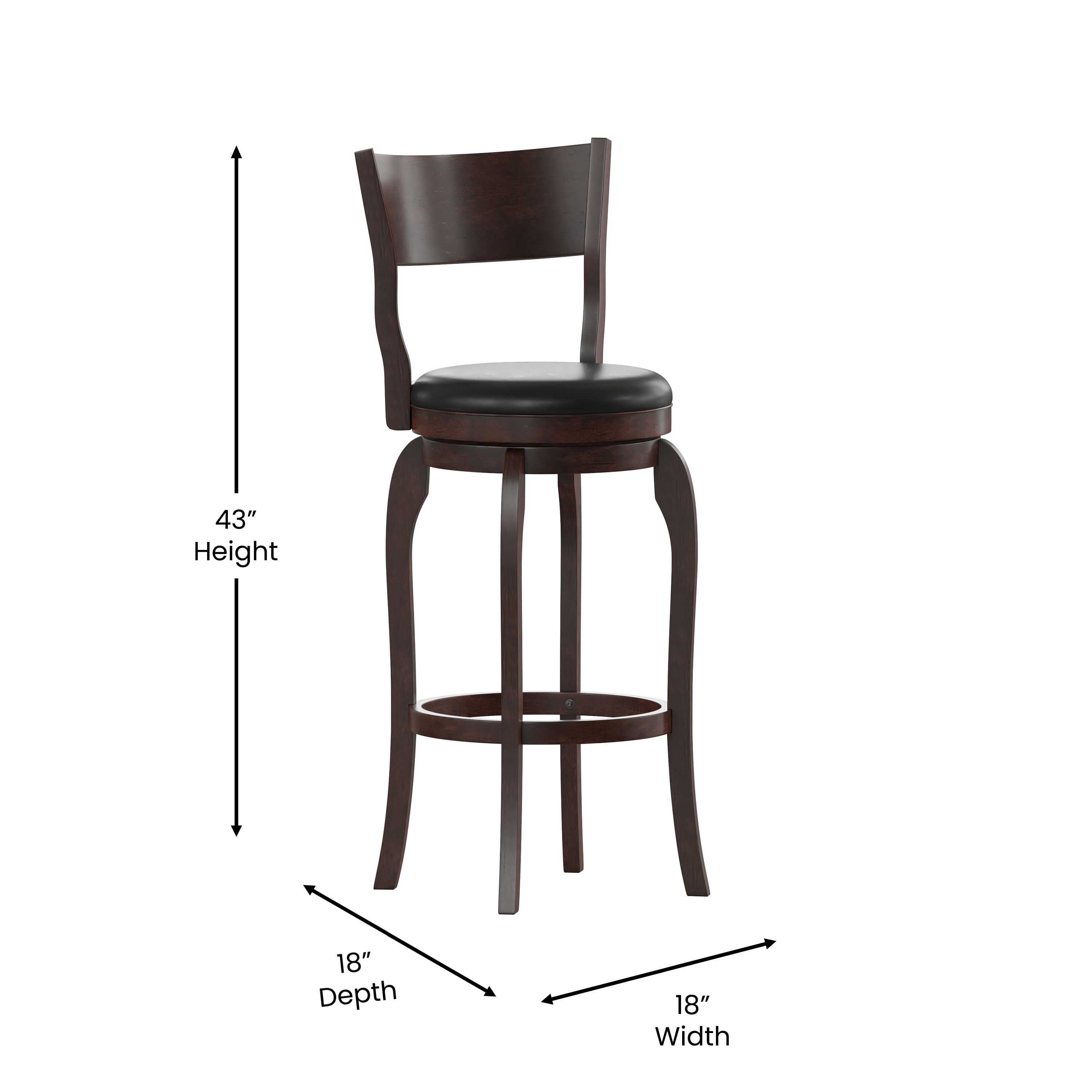 Nichola Commercial Grade Classic Open Back Swivel Bar Height Pub Barstool with Bowed Wooden Frame and Padded LeatherSoft Seat, Espresso/Black