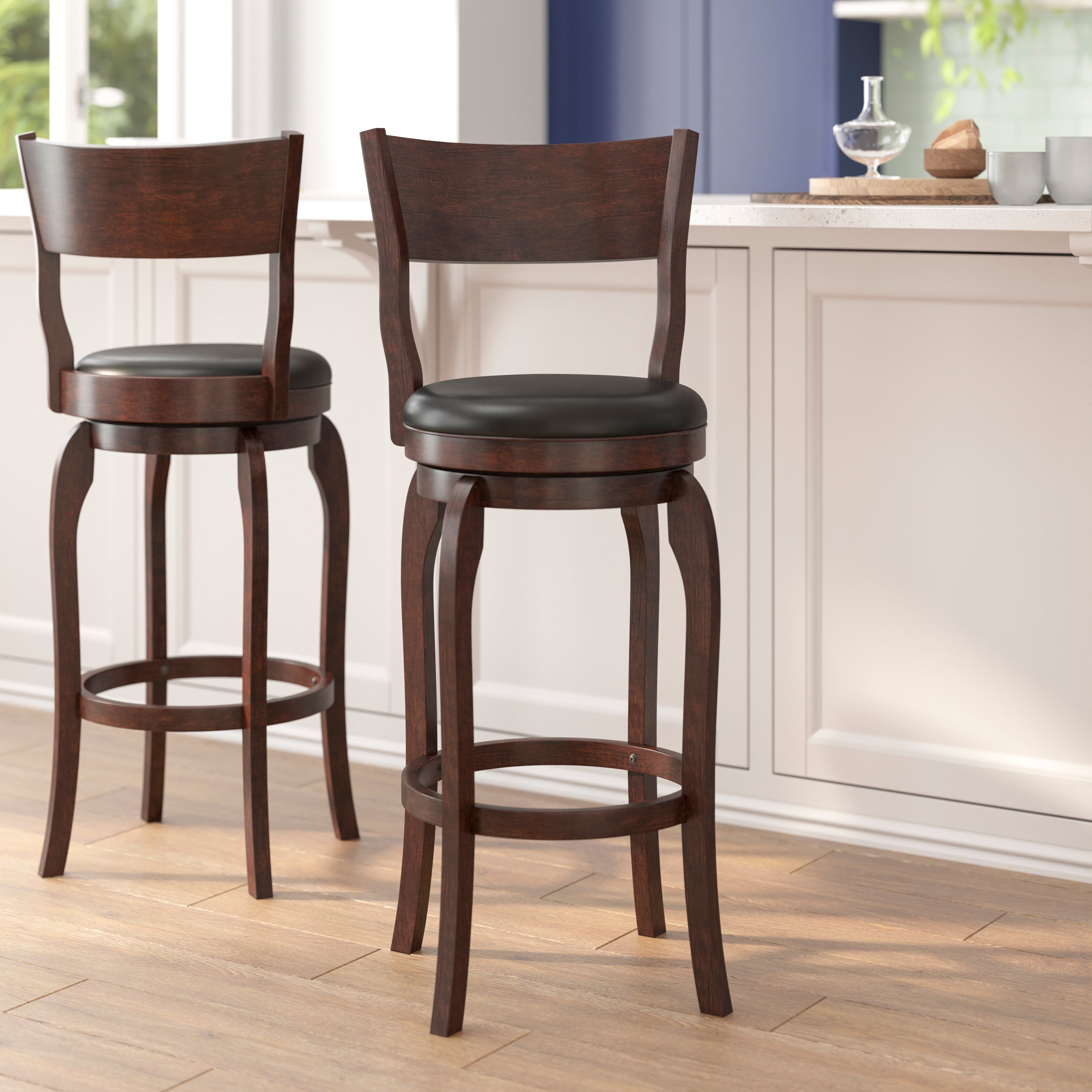 Nichola Commercial Grade Classic Open Back Swivel Bar Height Pub Barstool with Bowed Wooden Frame and Padded LeatherSoft Seat, Espresso/Black