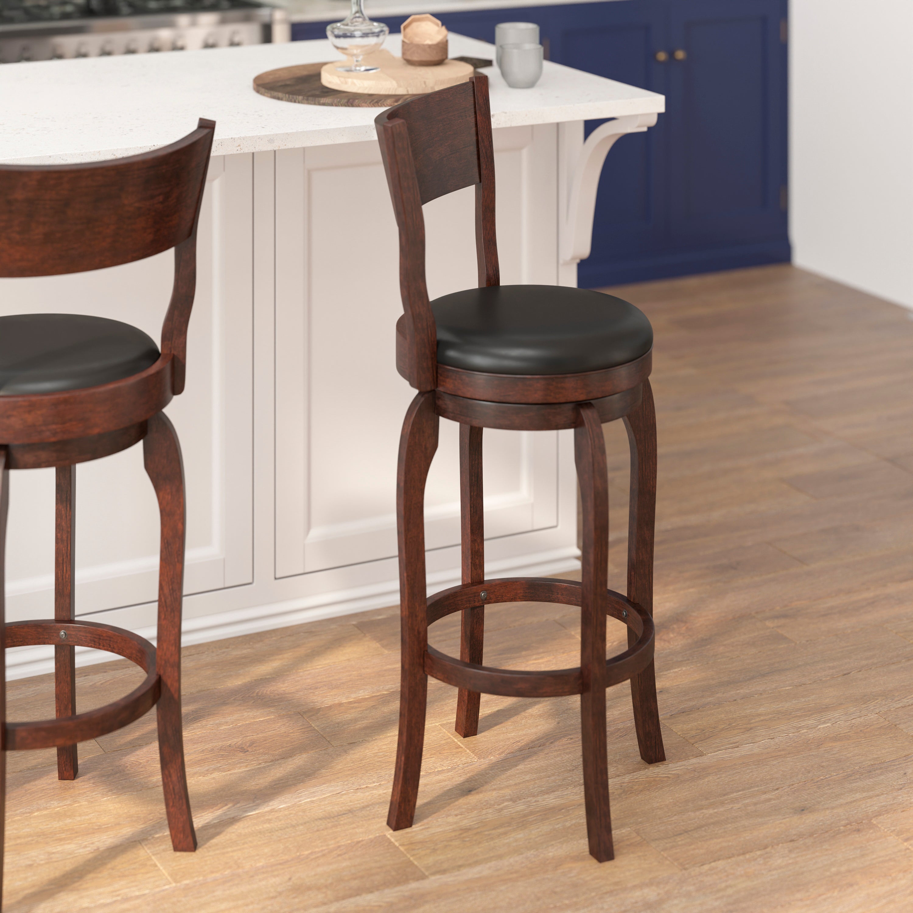 Nichola Commercial Grade Classic Open Back Swivel Bar Height Pub Barstool with Bowed Wooden Frame and Padded LeatherSoft Seat, Espresso/Black