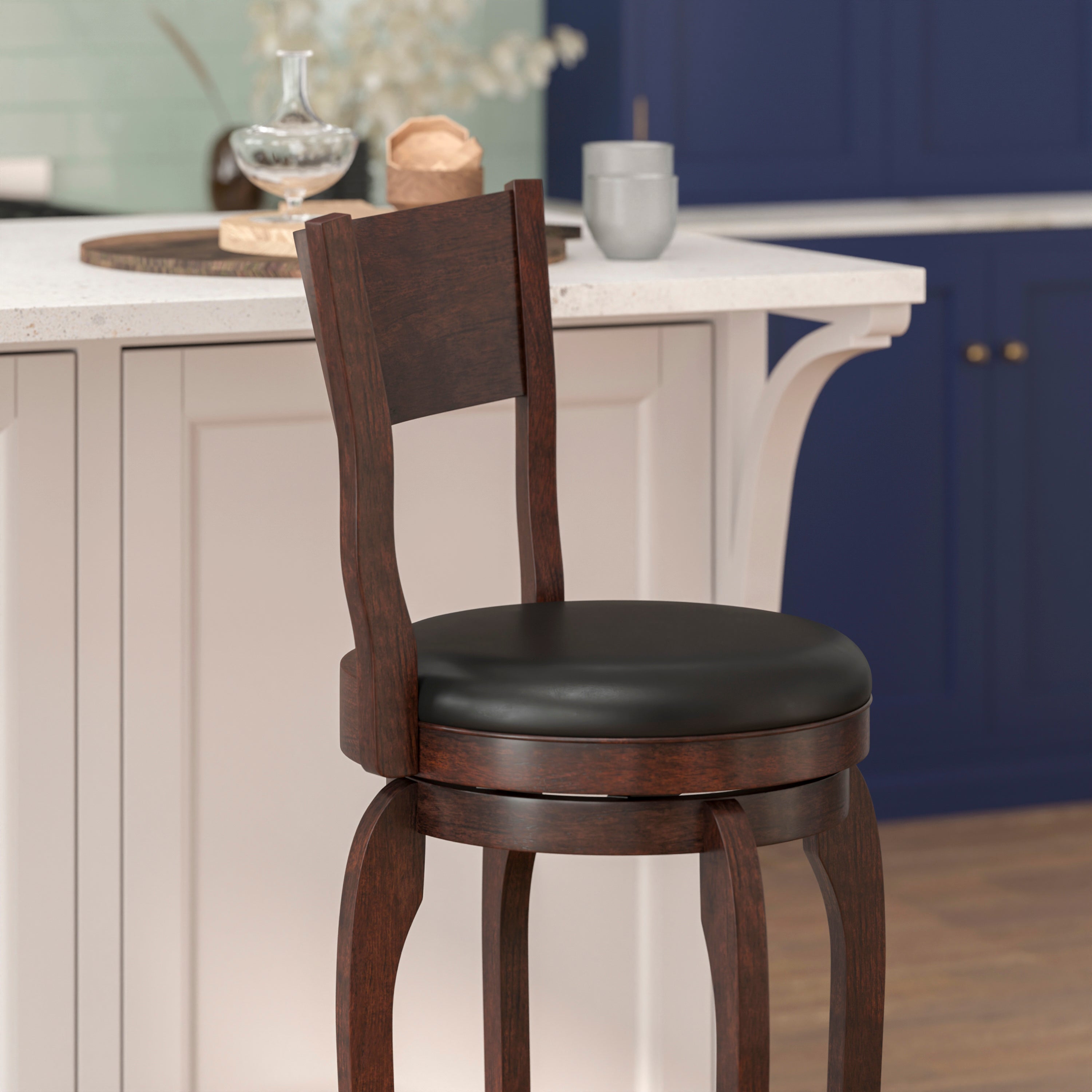 Nichola Commercial Grade Classic Open Back Swivel Bar Height Pub Barstool with Bowed Wooden Frame and Padded LeatherSoft Seat, Espresso/Black