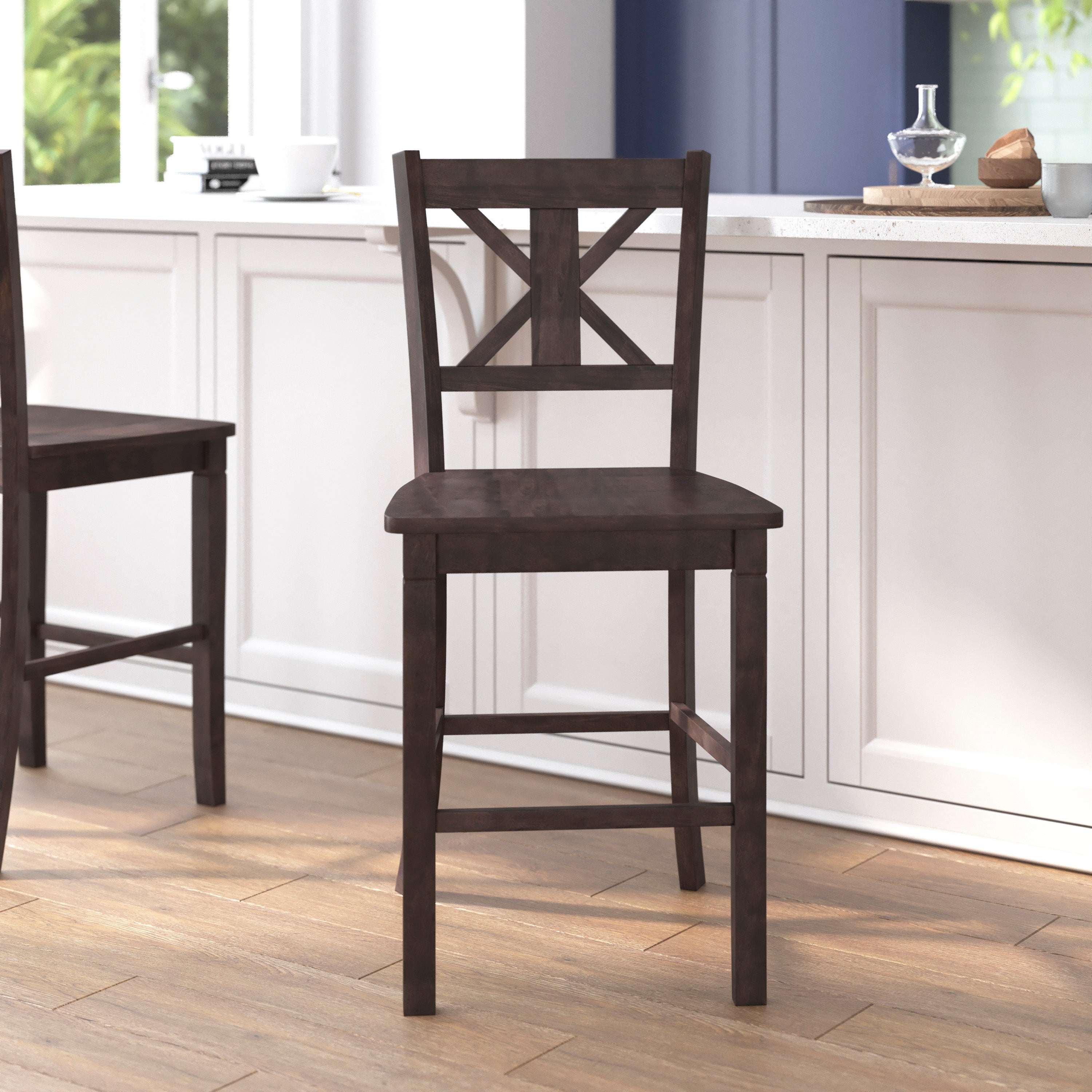 Gwendolyn Set of 2 Commercial Grade Solid Wood Modern Farmhouse Counter Height Barstool in Gray Wash Walnut