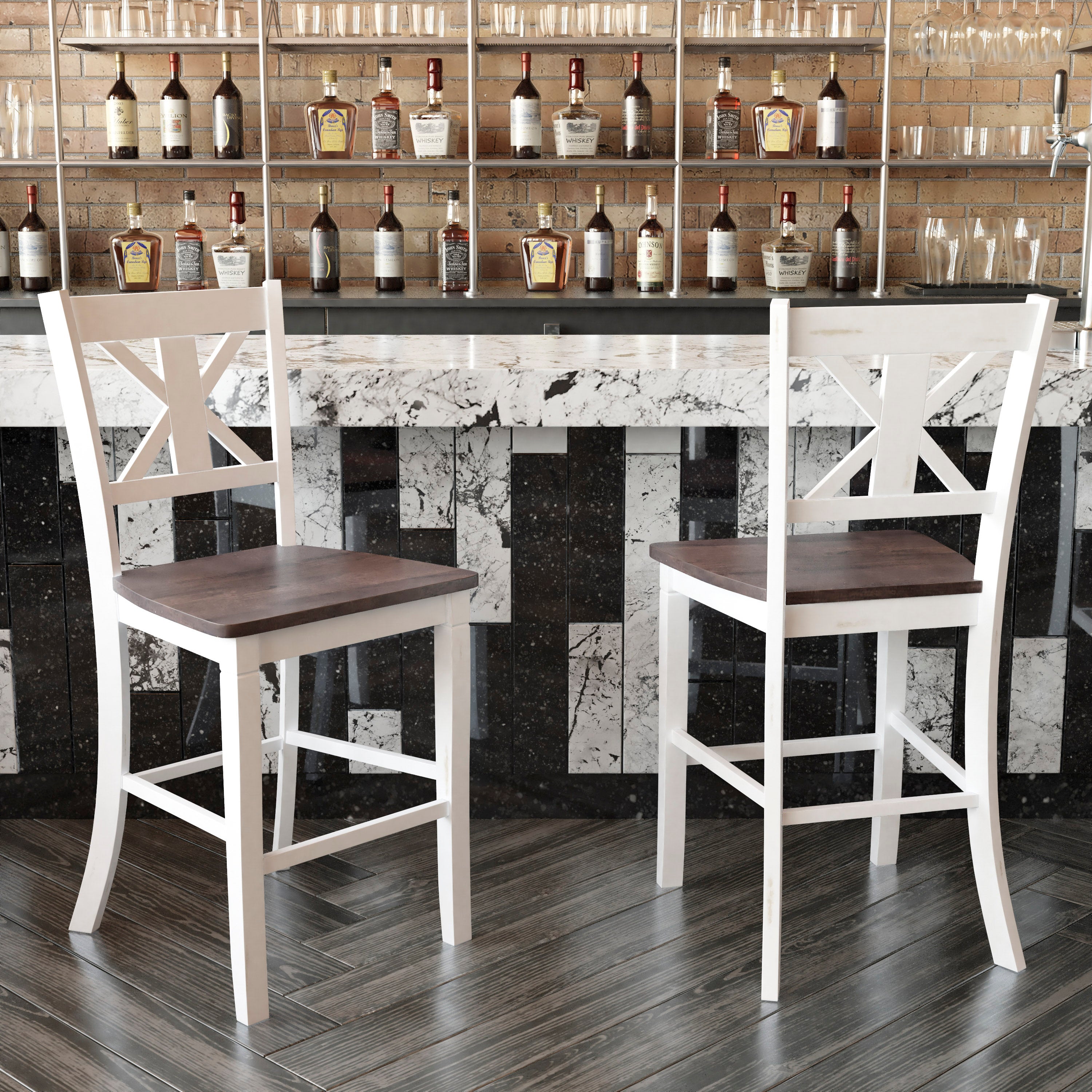 Gwendolyn Set of 2 Commercial Grade Solid Wood Modern Farmhouse Counter Height Barstool in Antique White Wash