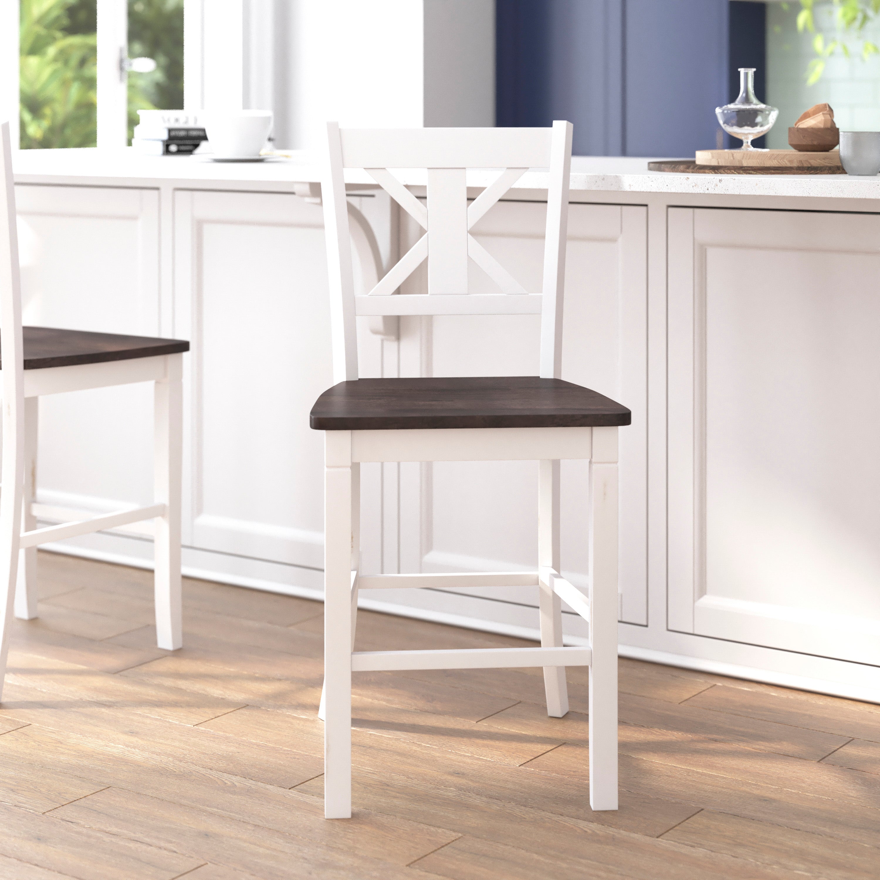 Gwendolyn Set of 2 Commercial Grade Solid Wood Modern Farmhouse Counter Height Barstool in Antique White Wash