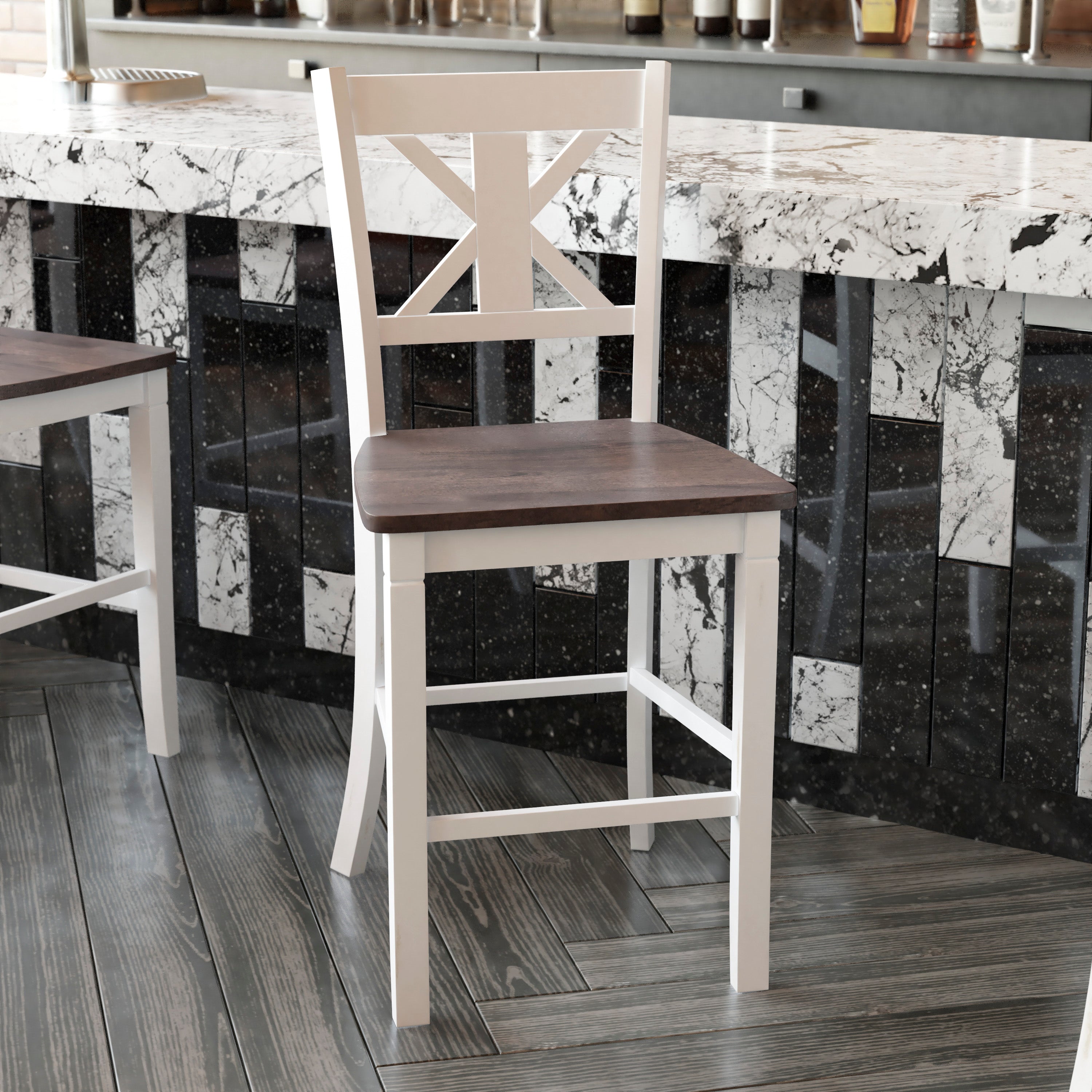 Gwendolyn Set of 2 Commercial Grade Solid Wood Modern Farmhouse Counter Height Barstool in Antique White Wash
