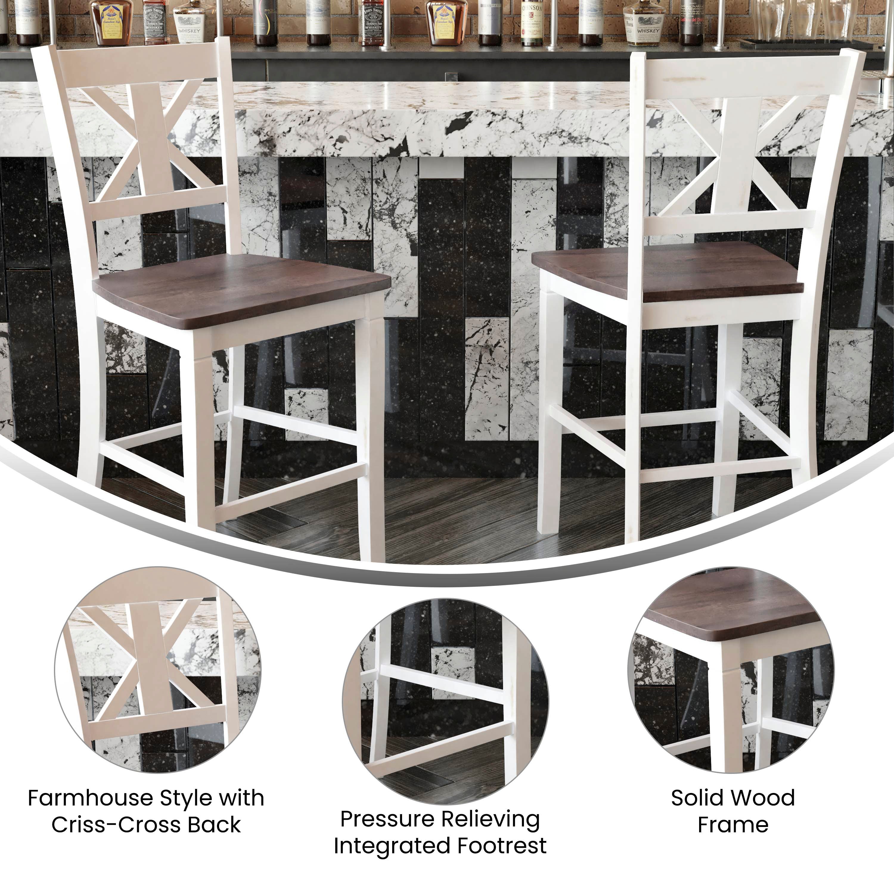 Gwendolyn Set of 2 Commercial Grade Solid Wood Modern Farmhouse Counter Height Barstool in Antique White Wash