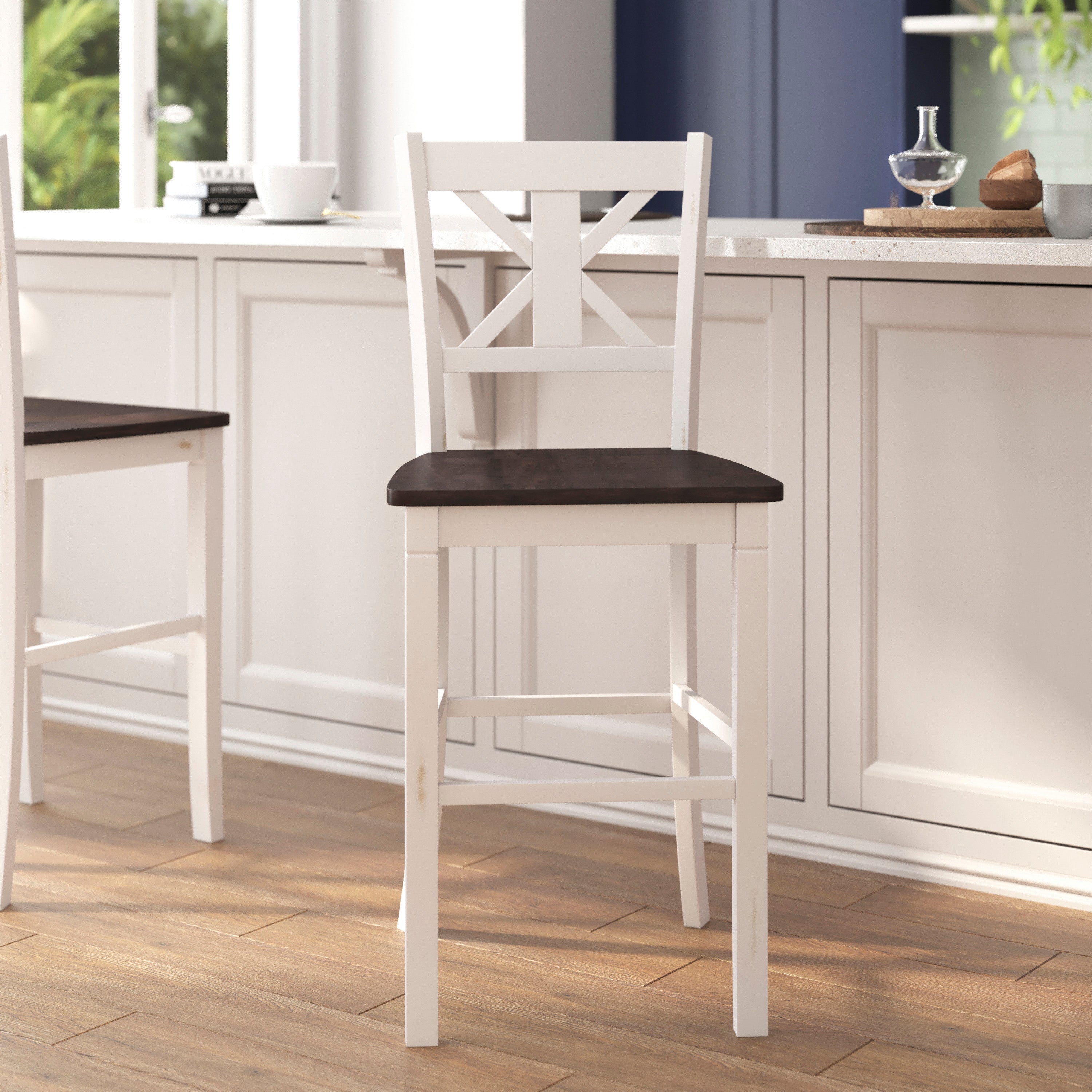 Gwendolyn Set of 2 Commercial Grade Solid Wood Modern Farmhouse Barstool in Antique White Wash