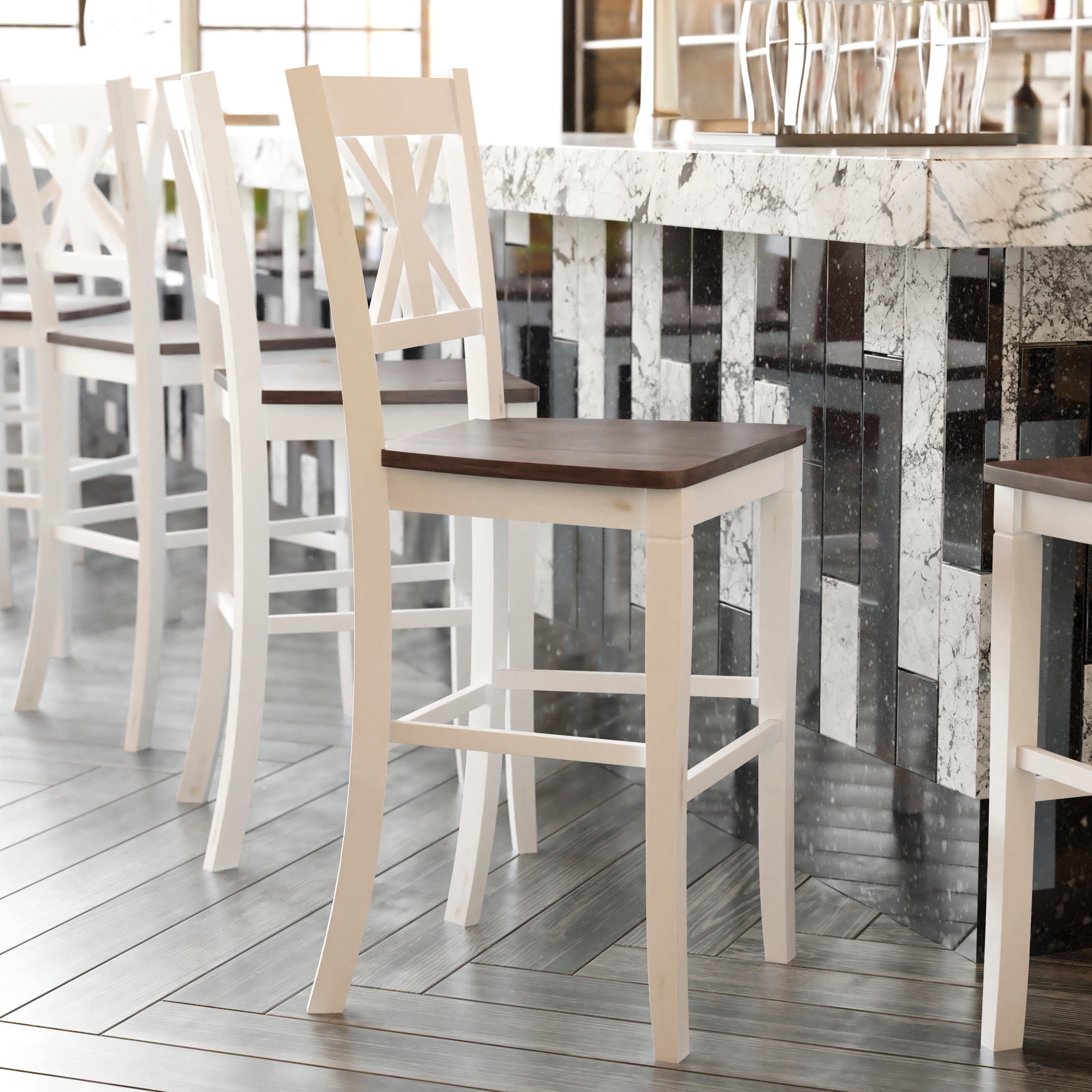 Gwendolyn Set of 2 Commercial Grade Solid Wood Modern Farmhouse Barstool in Antique White Wash
