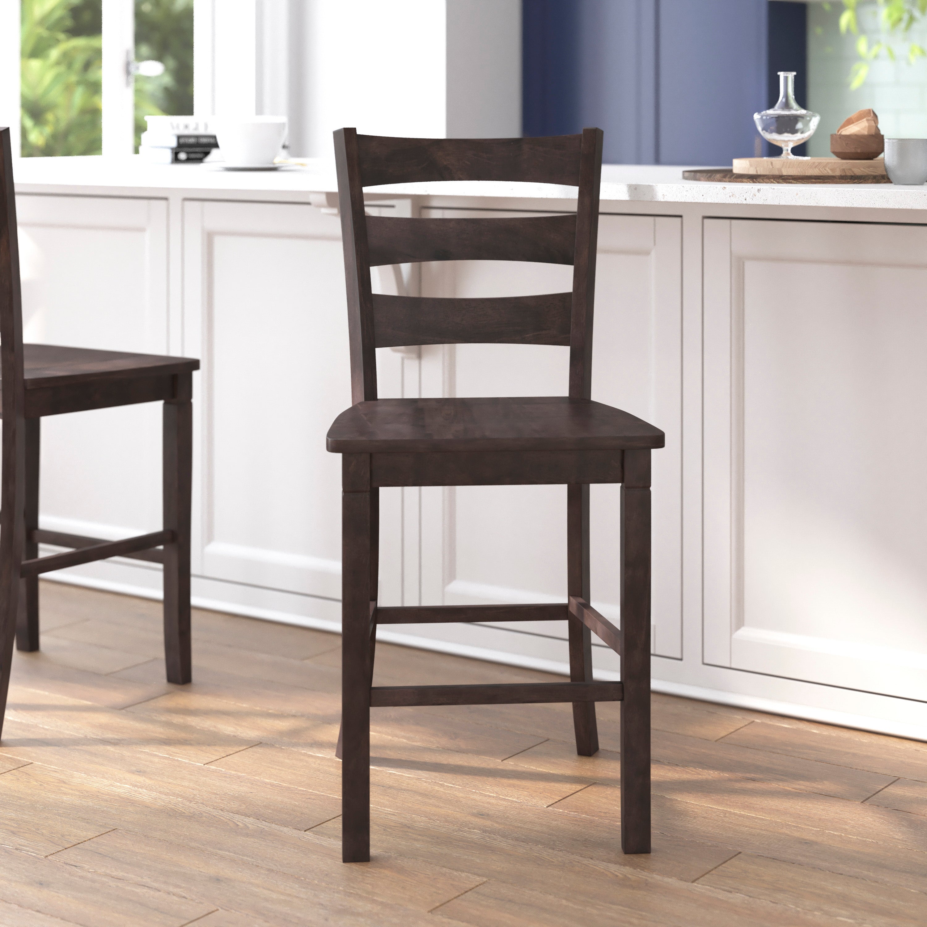Liesel Set of 2 Commercial Grade Wooden Classic Ladderback Counter Height Barstool with Solid Wood Seat, Gray Wash Walnut
