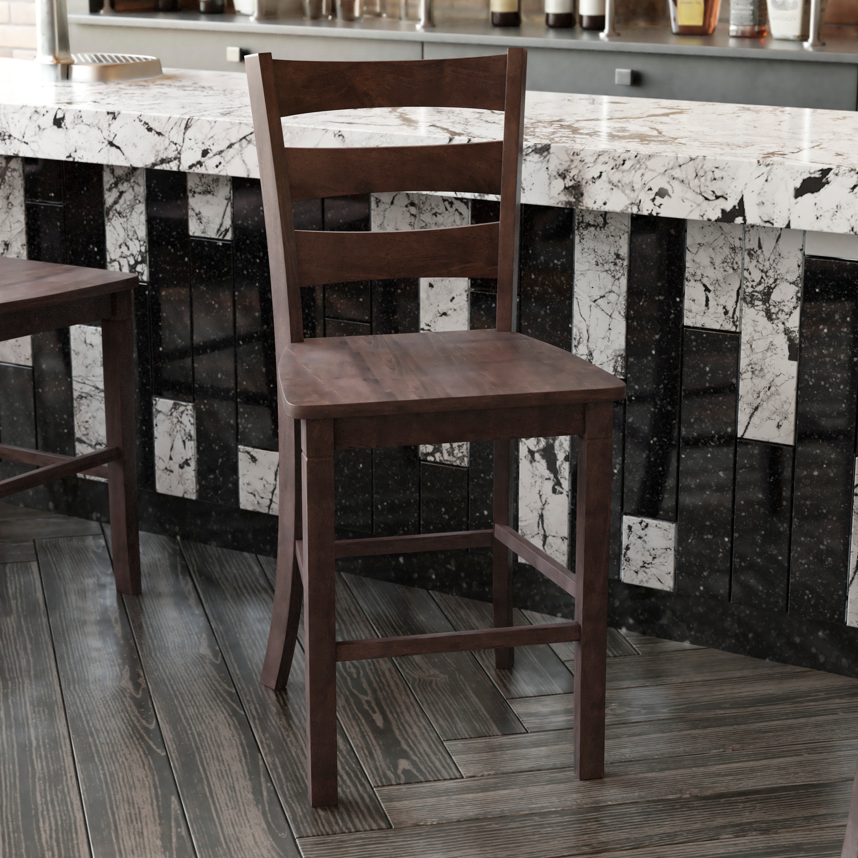 Liesel Set of 2 Commercial Grade Wooden Classic Ladderback Counter Height Barstool with Solid Wood Seat, Gray Wash Walnut