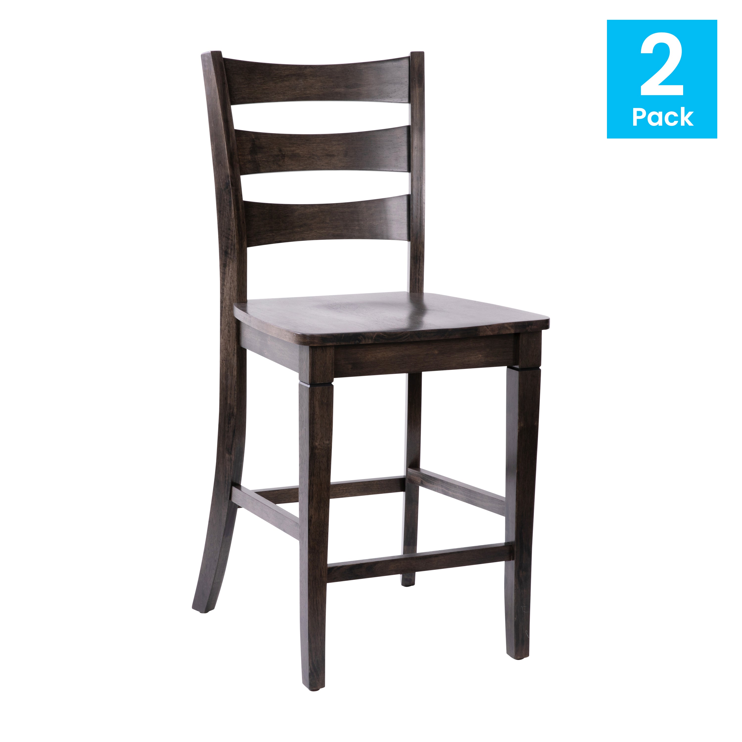 Liesel Set of 2 Commercial Grade Wooden Classic Ladderback Counter Height Barstool with Solid Wood Seat, Gray Wash Walnut