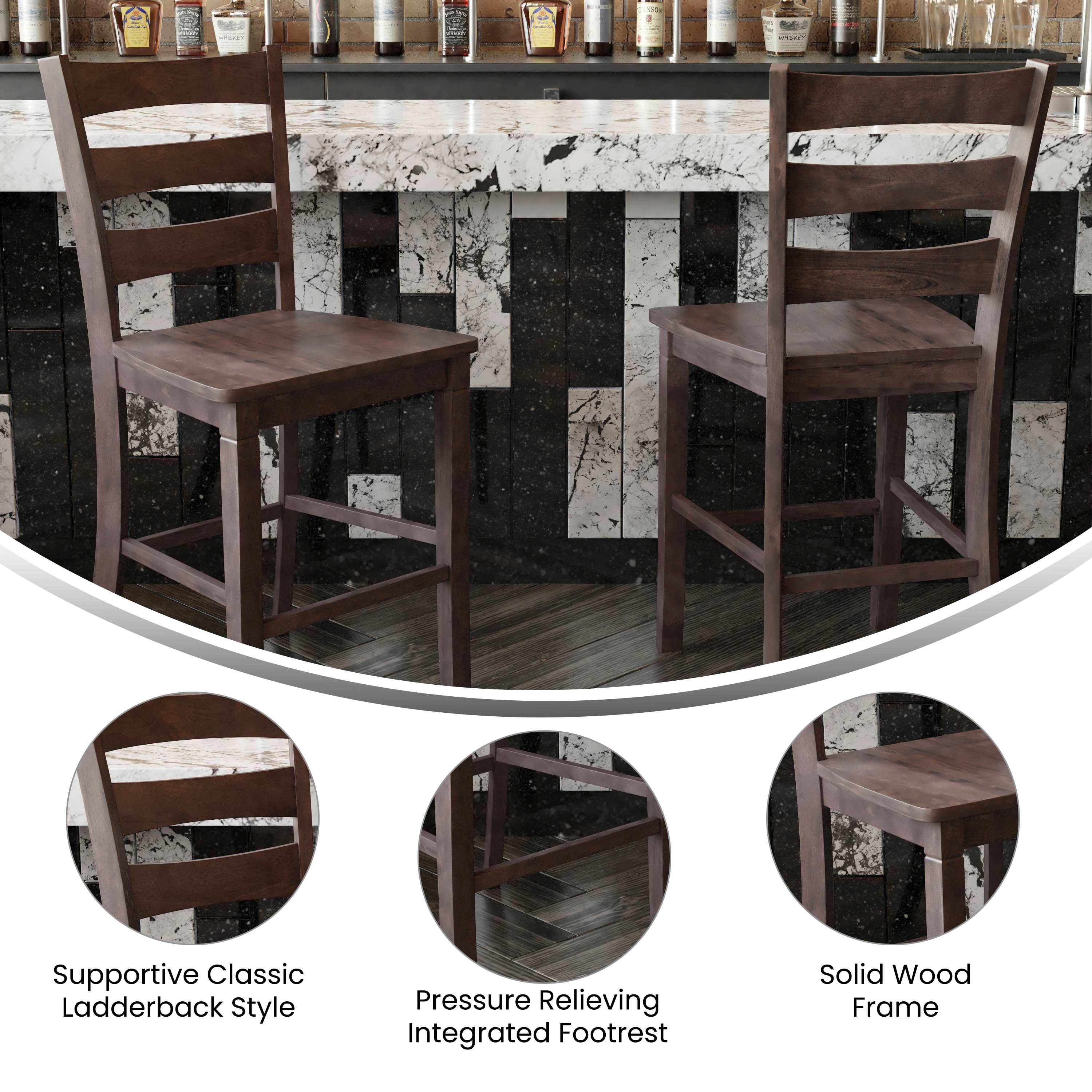 Liesel Set of 2 Commercial Grade Wooden Classic Ladderback Counter Height Barstool with Solid Wood Seat, Gray Wash Walnut