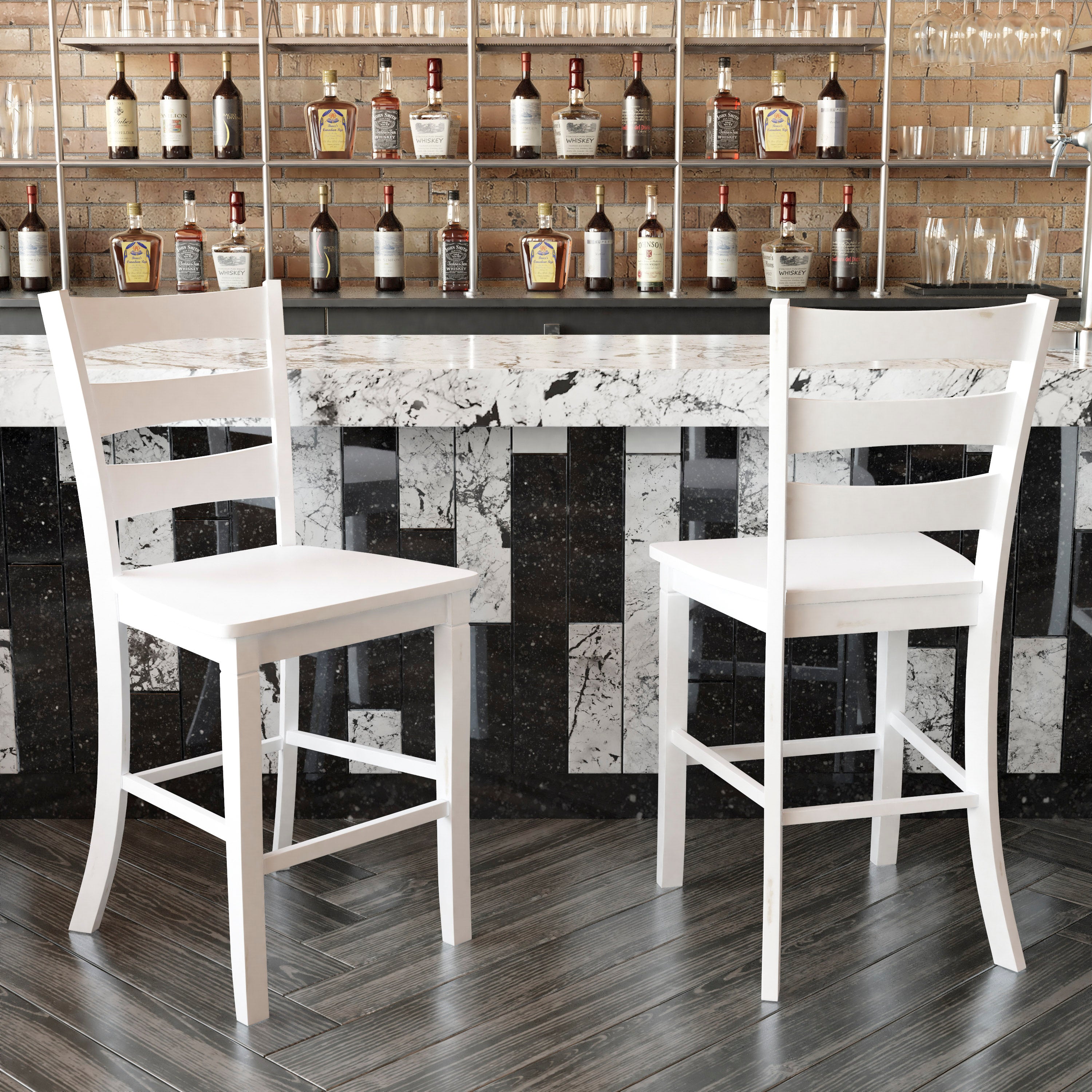 Liesel Set of 2 Commercial Grade Wooden Classic Ladderback Counter Height Barstool with Solid Wood Seat, Antique White Wash