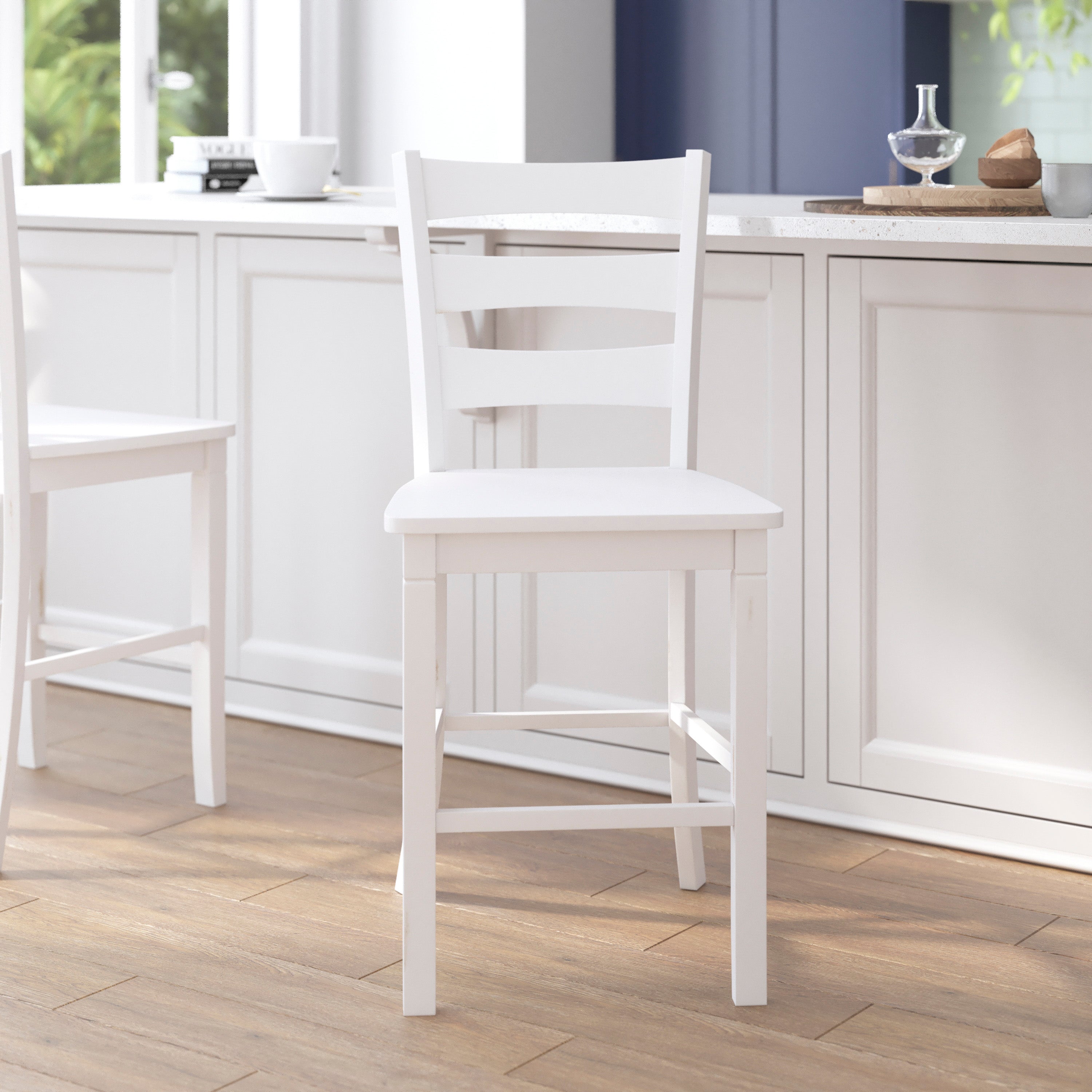 Liesel Set of 2 Commercial Grade Wooden Classic Ladderback Counter Height Barstool with Solid Wood Seat, Antique White Wash