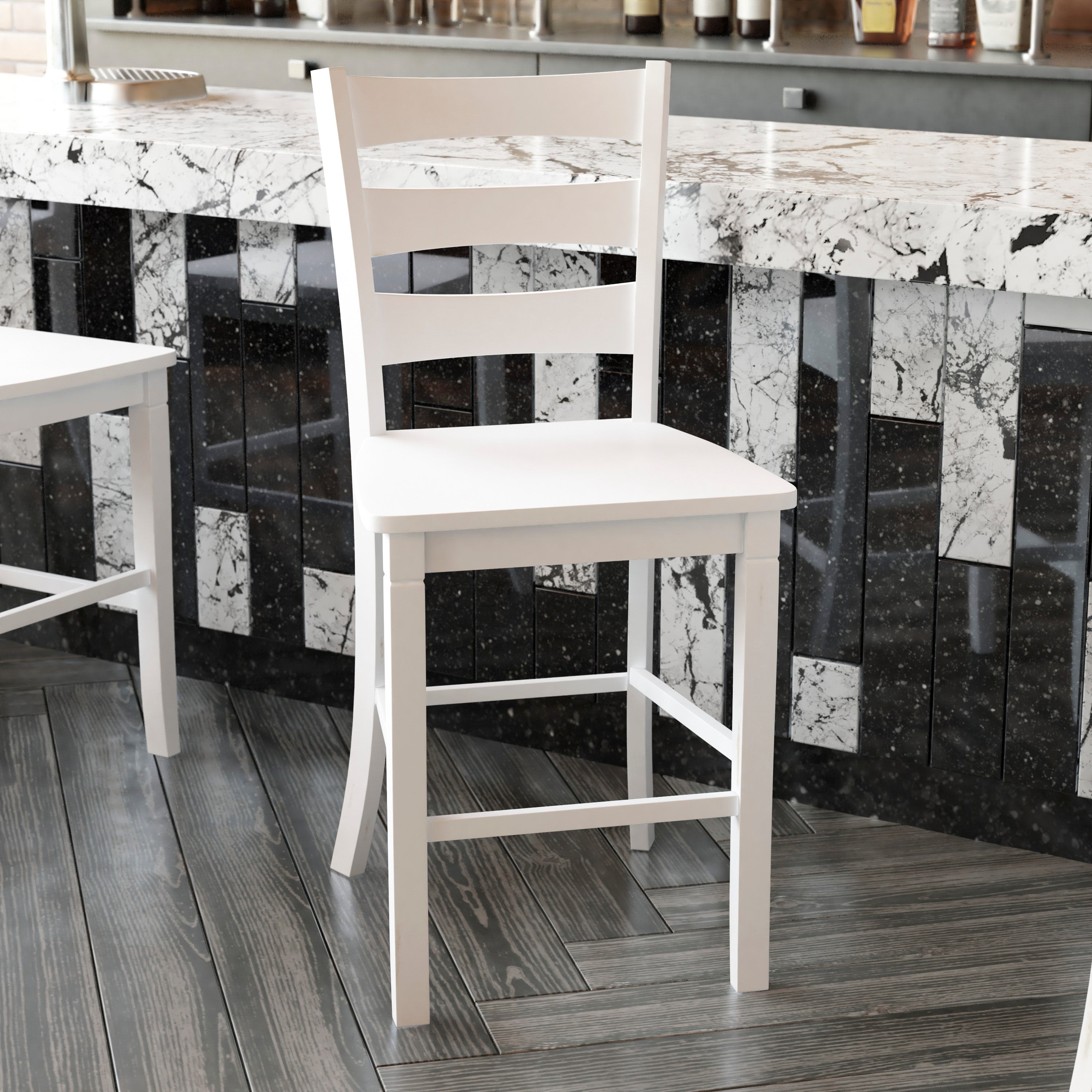 Liesel Set of 2 Commercial Grade Wooden Classic Ladderback Counter Height Barstool with Solid Wood Seat, Antique White Wash