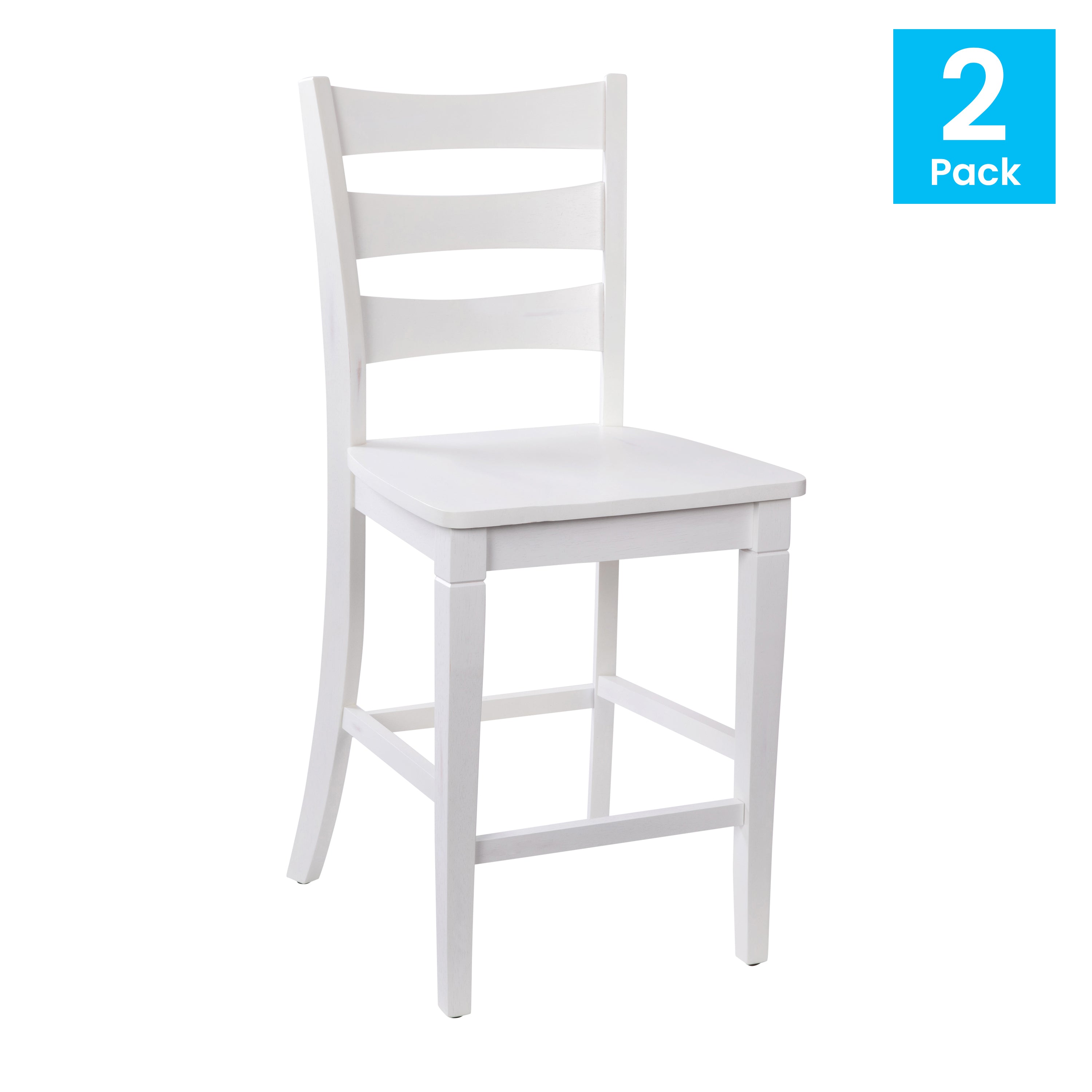 Liesel Set of 2 Commercial Grade Wooden Classic Ladderback Counter Height Barstool with Solid Wood Seat, Antique White Wash
