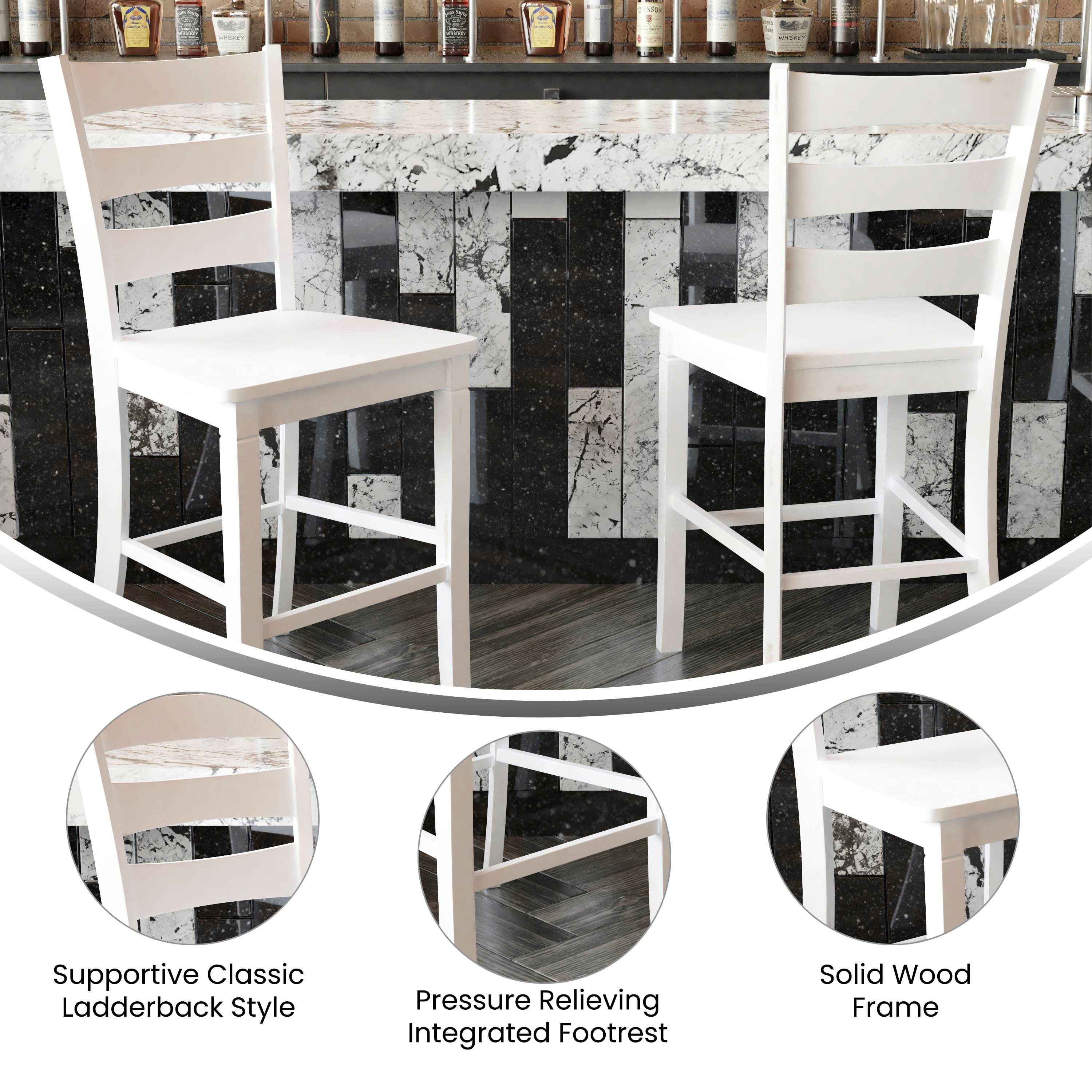 Liesel Set of 2 Commercial Grade Wooden Classic Ladderback Counter Height Barstool with Solid Wood Seat, Antique White Wash