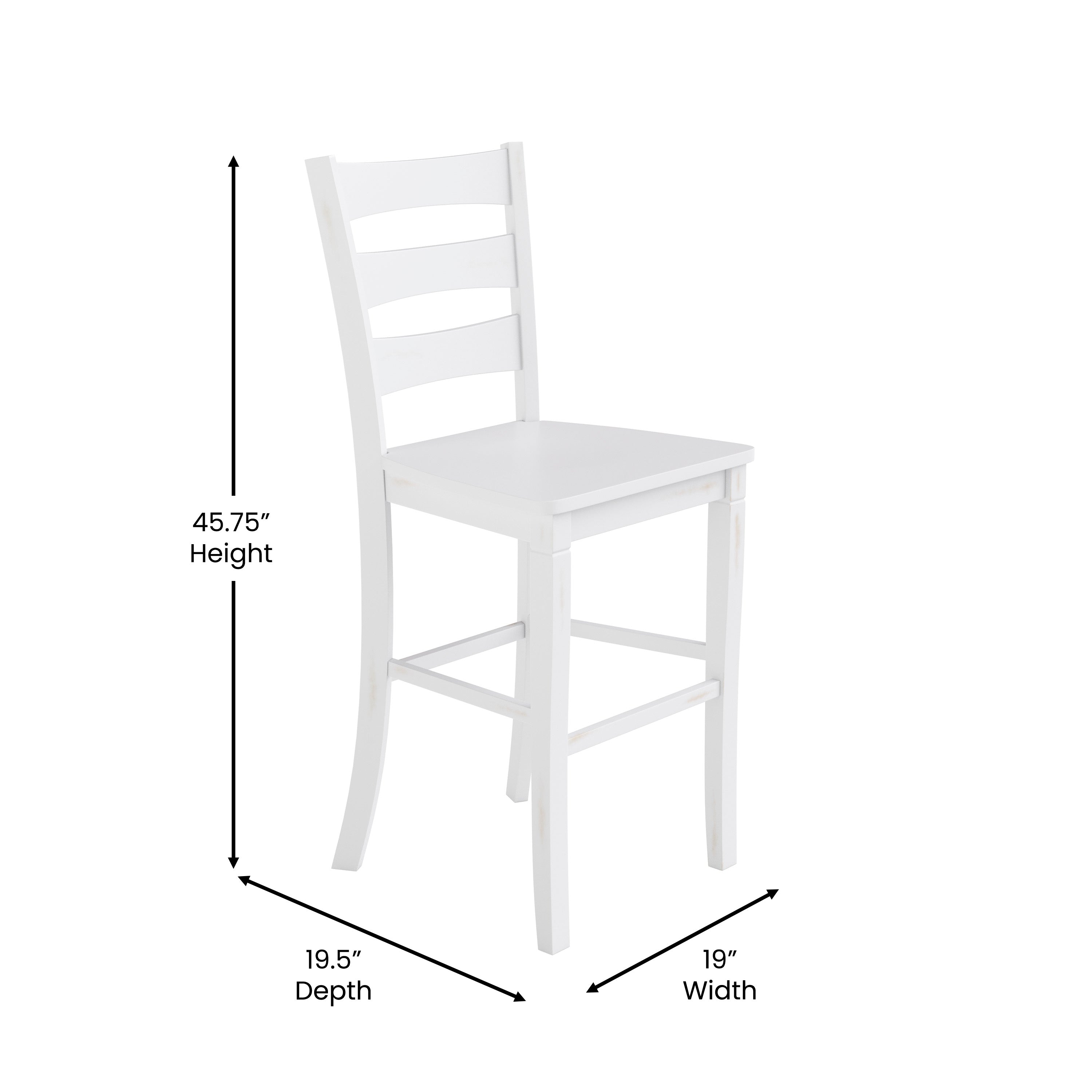 Liesel Set of 2 Commercial Grade Wooden Classic Ladderback Bar Height Barstool with Solid Wood Seat, Antique White Wash
