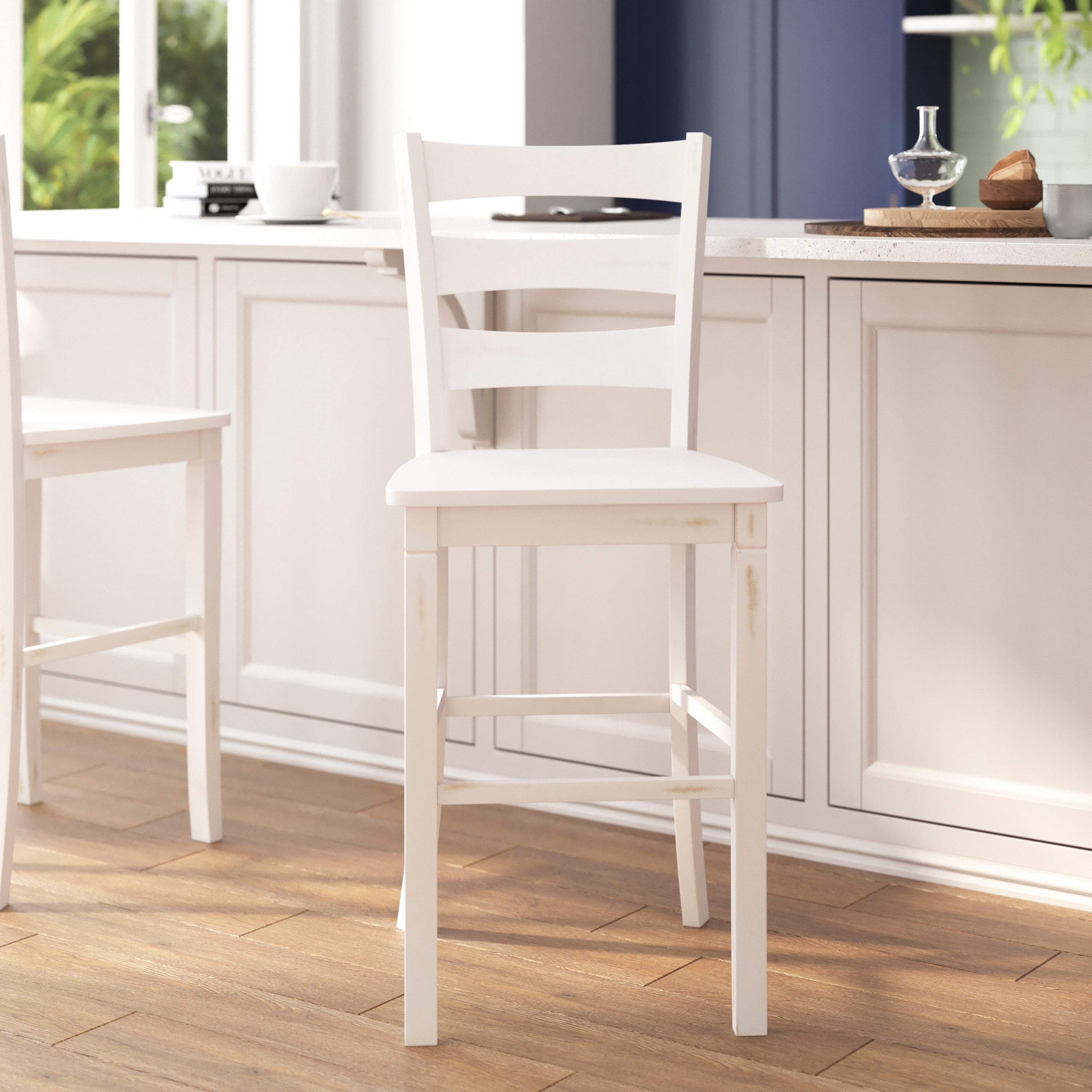 Liesel Set of 2 Commercial Grade Wooden Classic Ladderback Bar Height Barstool with Solid Wood Seat, Antique White Wash