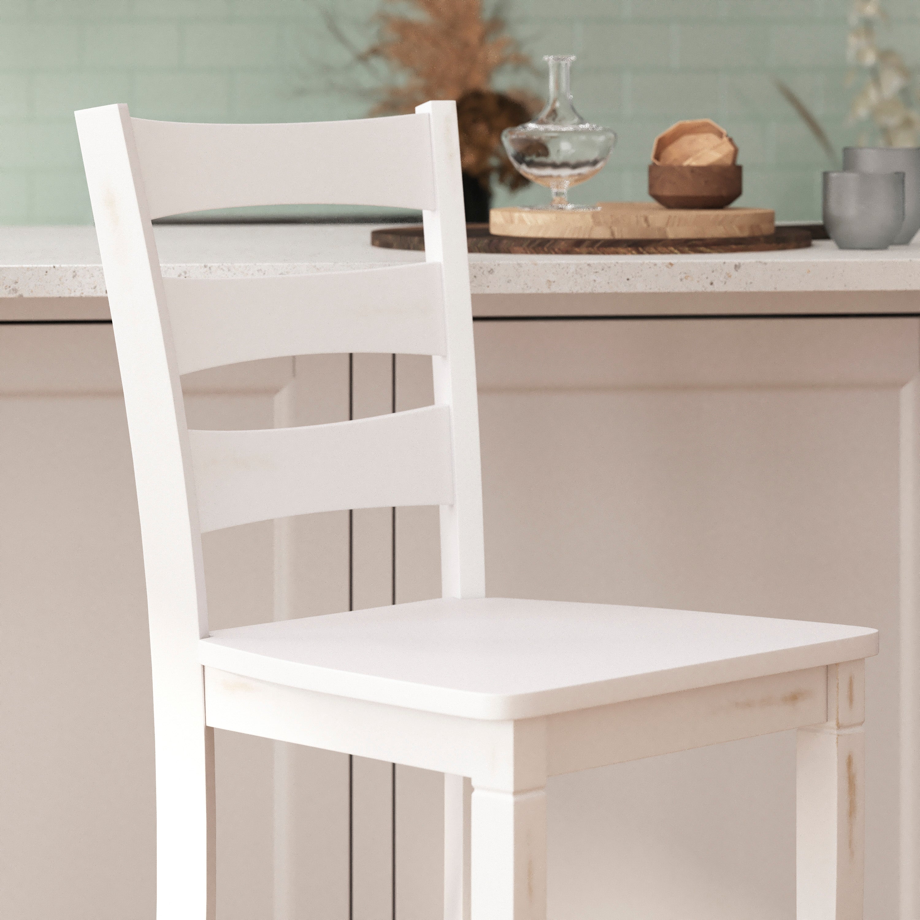 Liesel Set of 2 Commercial Grade Wooden Classic Ladderback Bar Height Barstool with Solid Wood Seat, Antique White Wash