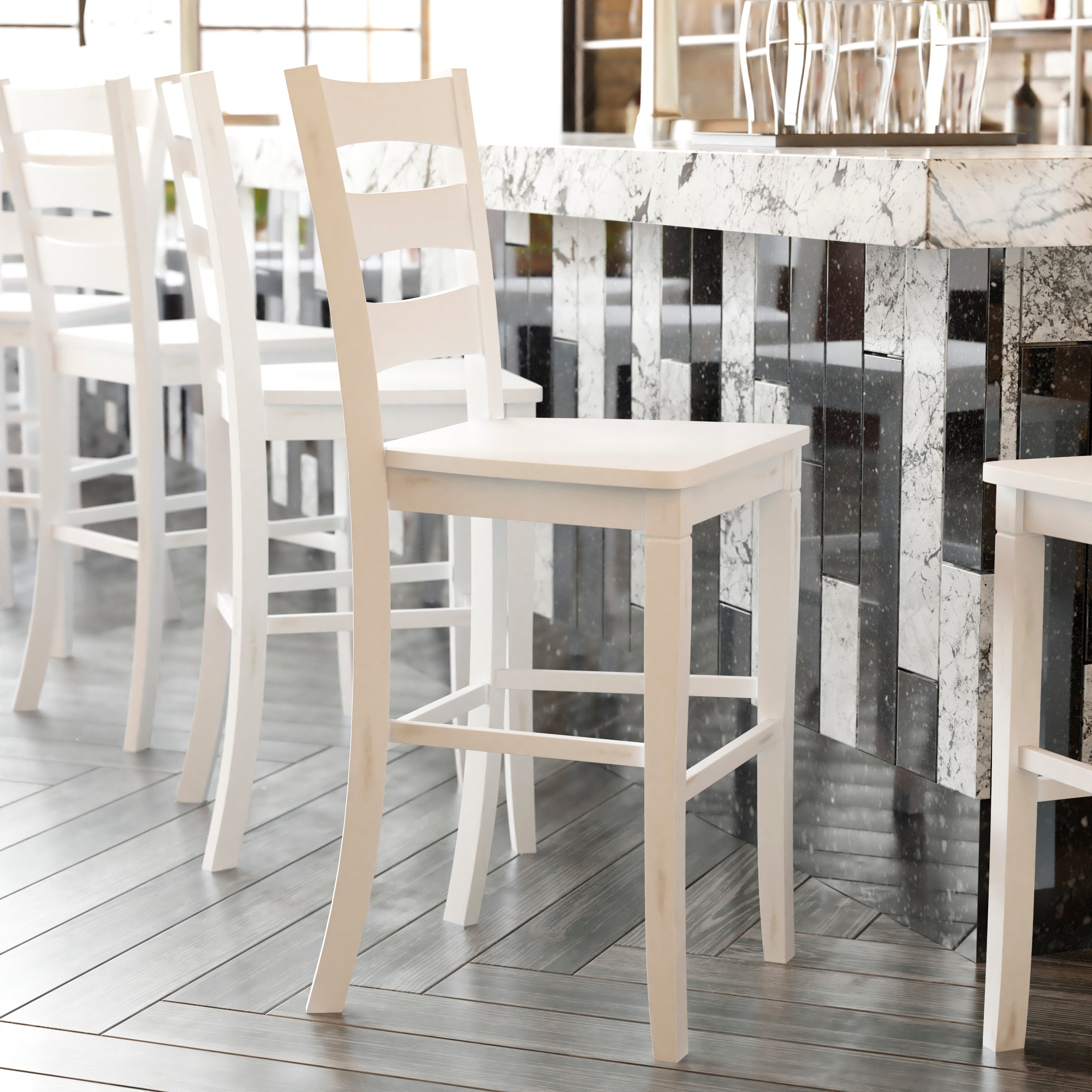 Liesel Set of 2 Commercial Grade Wooden Classic Ladderback Bar Height Barstool with Solid Wood Seat, Antique White Wash