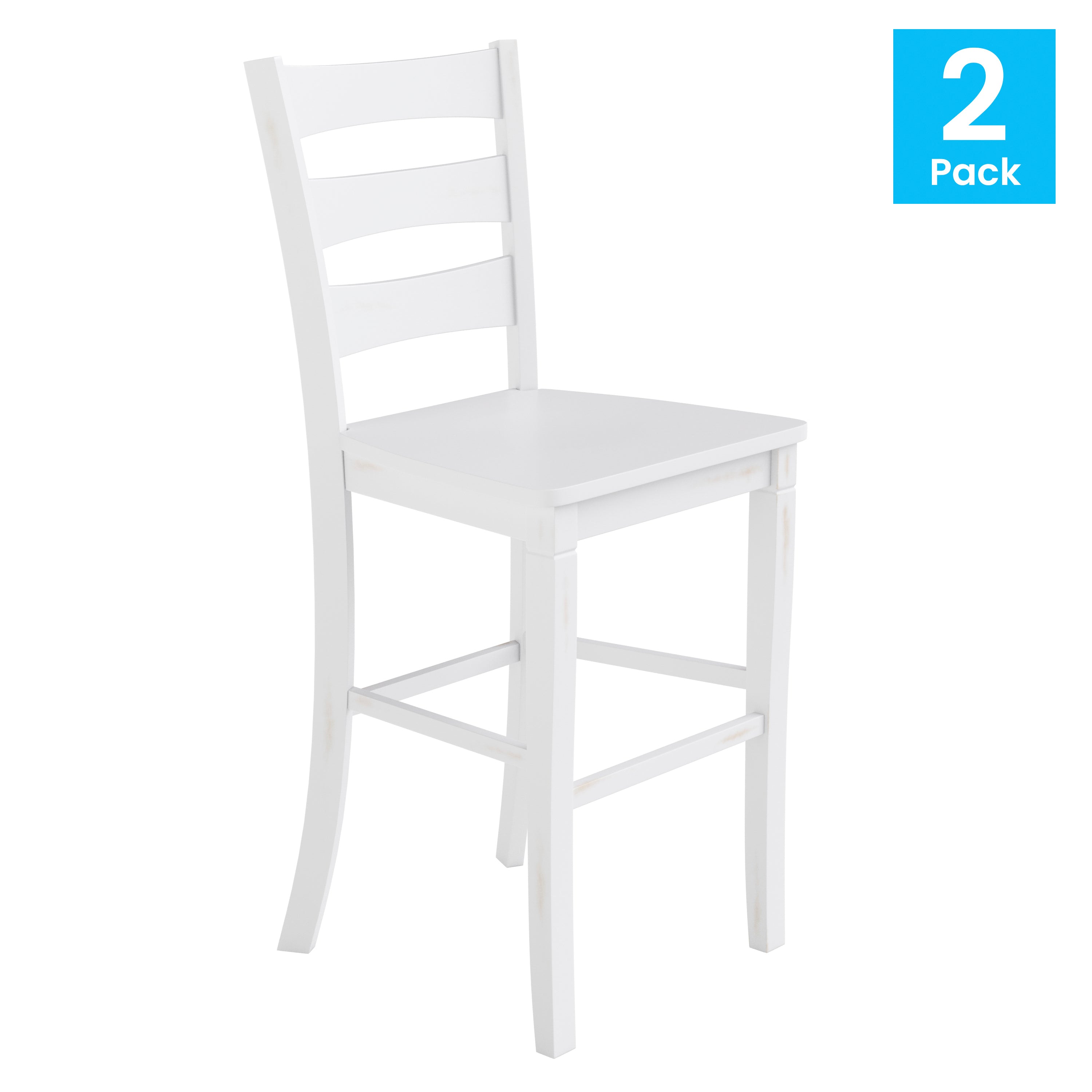 Liesel Set of 2 Commercial Grade Wooden Classic Ladderback Bar Height Barstool with Solid Wood Seat, Antique White Wash