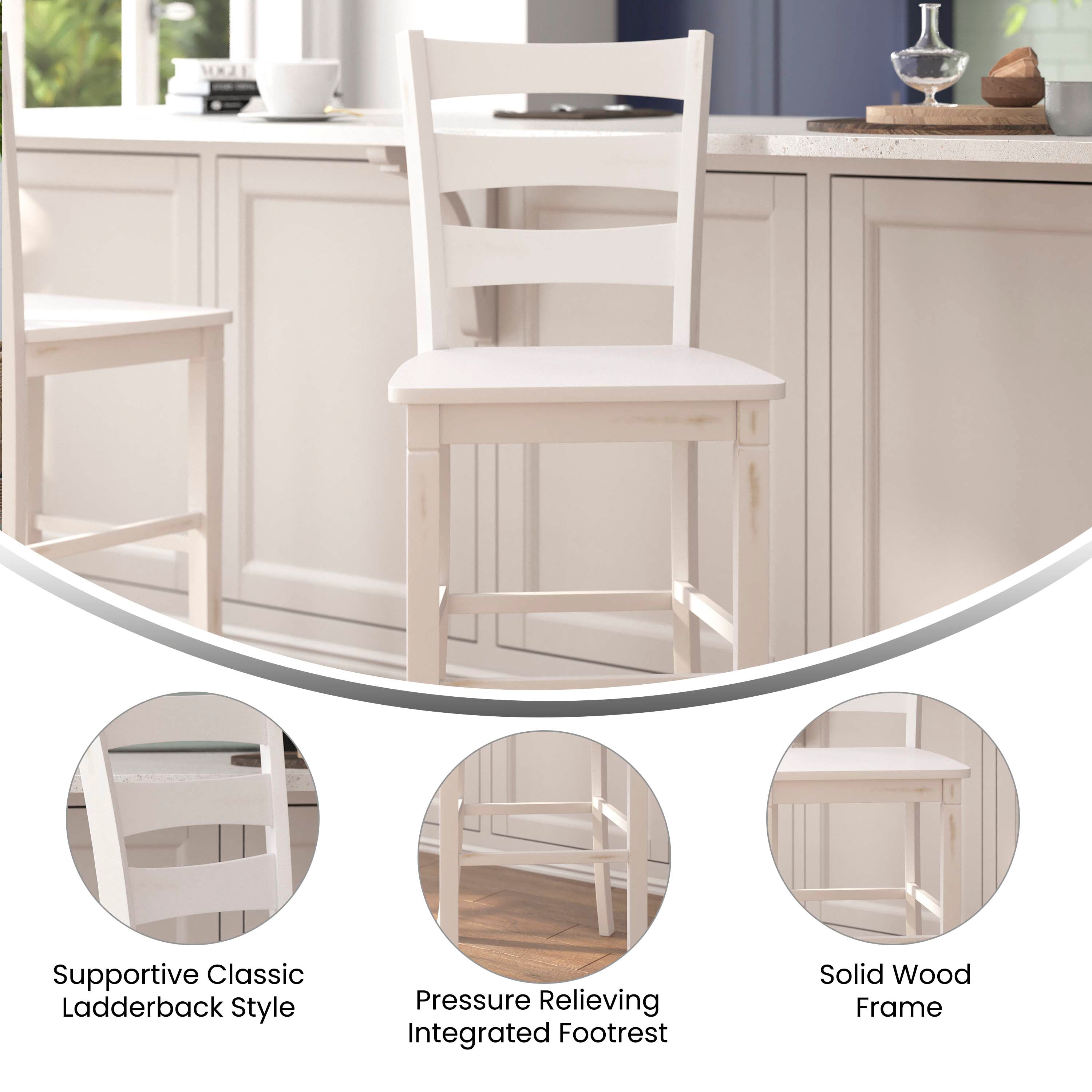 Liesel Set of 2 Commercial Grade Wooden Classic Ladderback Bar Height Barstool with Solid Wood Seat, Antique White Wash