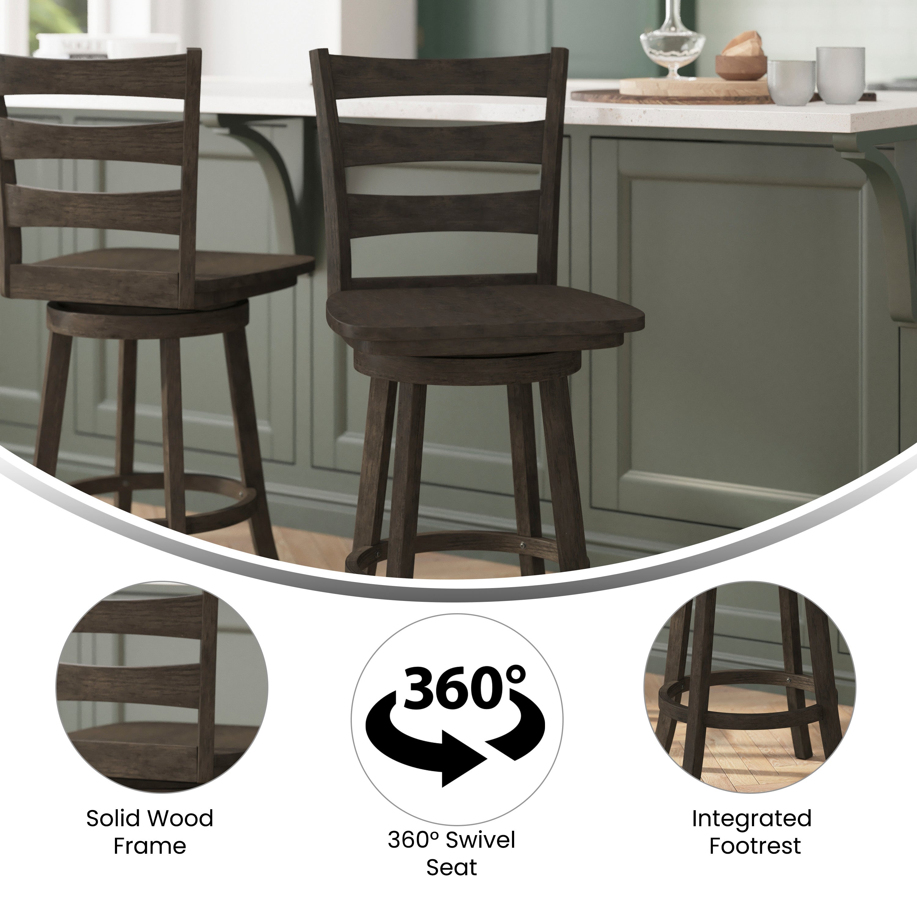 Liesel Commercial Grade Wooden Classic Ladderback Swivel Counter Height Barstool with Solid Wood Seat, Gray Wash Walnut