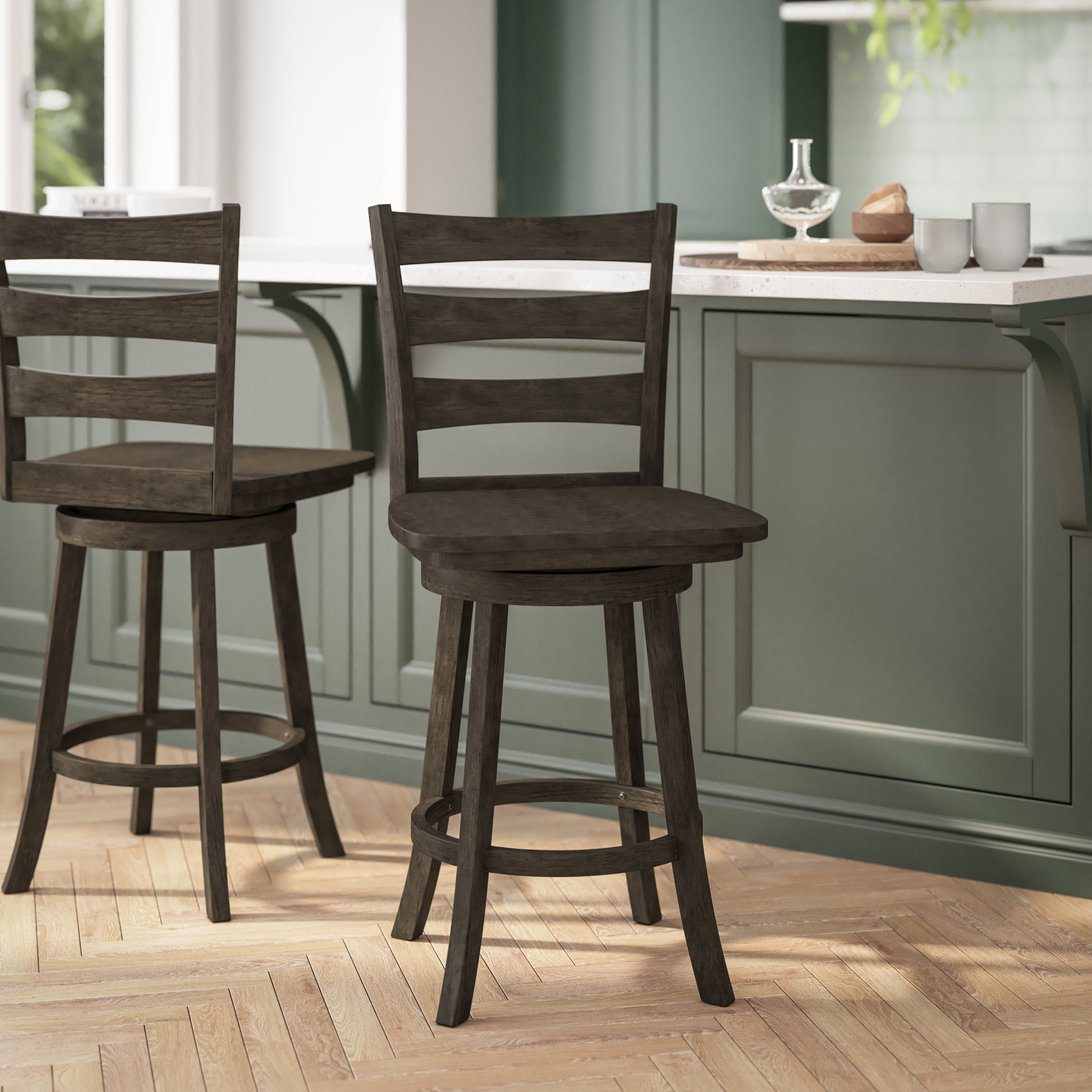 Liesel Commercial Grade Wooden Classic Ladderback Swivel Counter Height Barstool with Solid Wood Seat, Gray Wash Walnut
