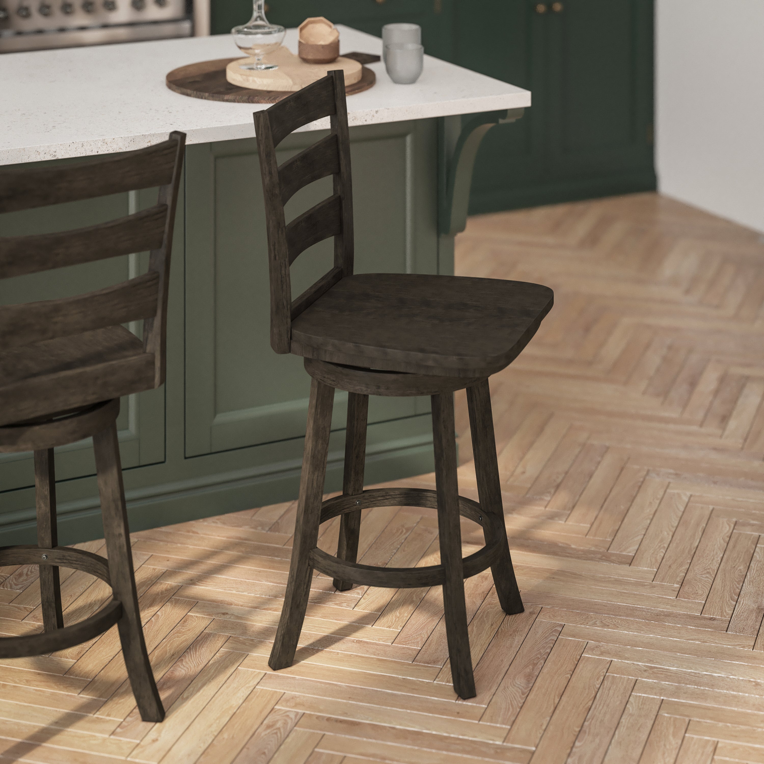 Liesel Commercial Grade Wooden Classic Ladderback Swivel Counter Height Barstool with Solid Wood Seat, Gray Wash Walnut