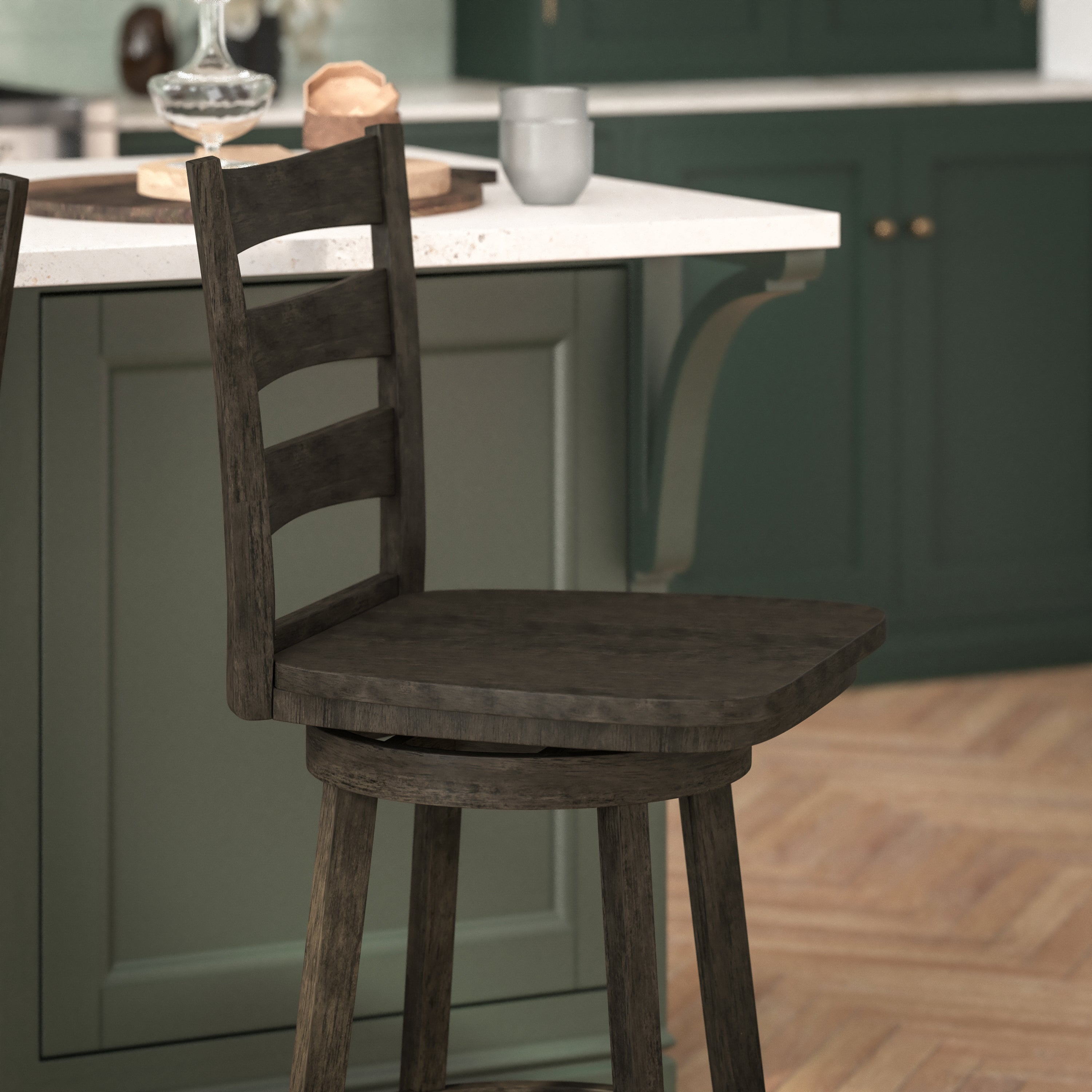 Liesel Commercial Grade Wooden Classic Ladderback Swivel Counter Height Barstool with Solid Wood Seat, Gray Wash Walnut