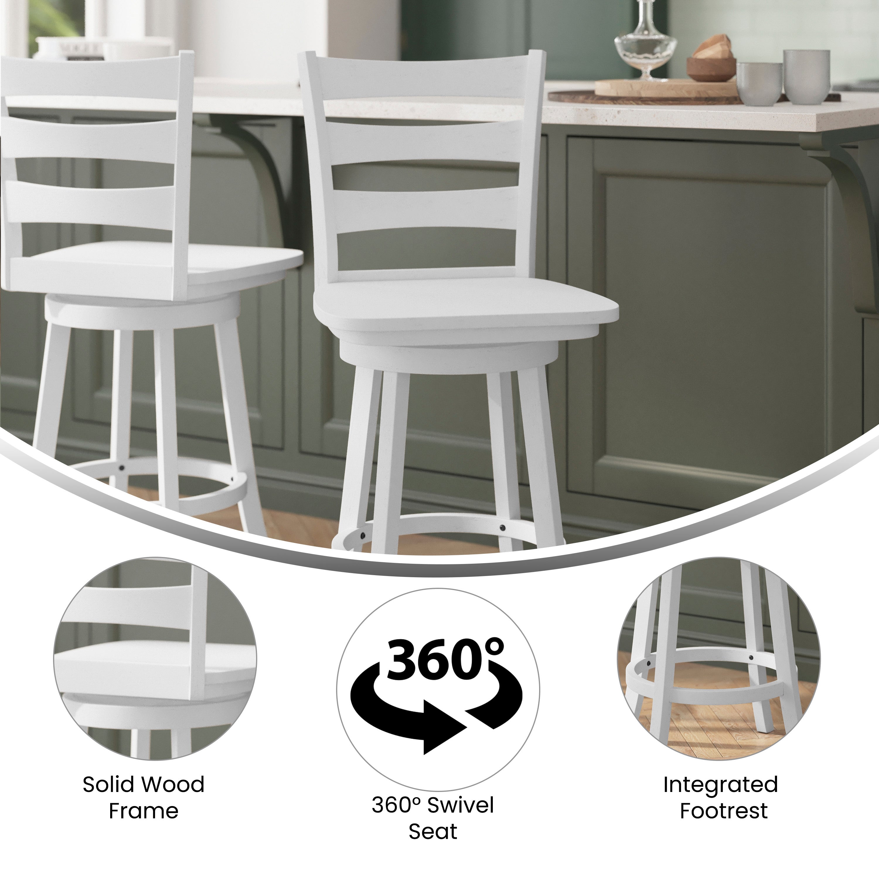 Liesel Commercial Grade Wooden Classic Ladderback Swivel Counter Height Barstool with Solid Wood Seat, Antique White Wash
