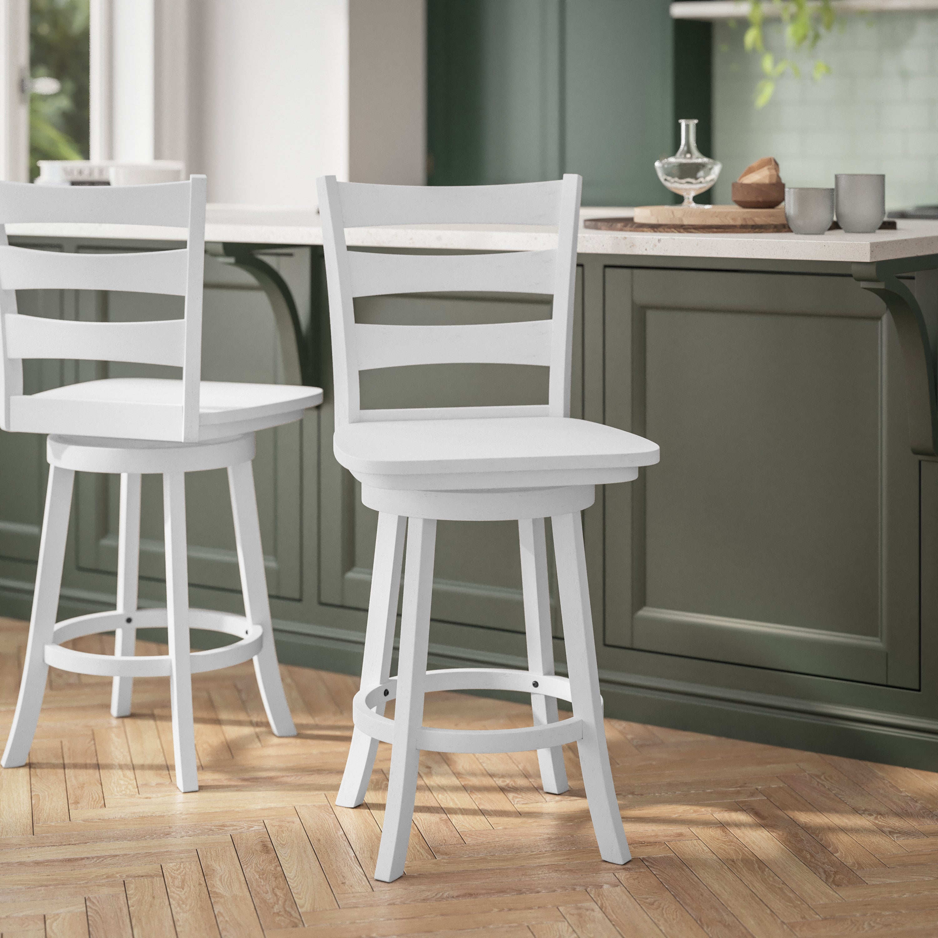 Liesel Commercial Grade Wooden Classic Ladderback Swivel Counter Height Barstool with Solid Wood Seat, Antique White Wash