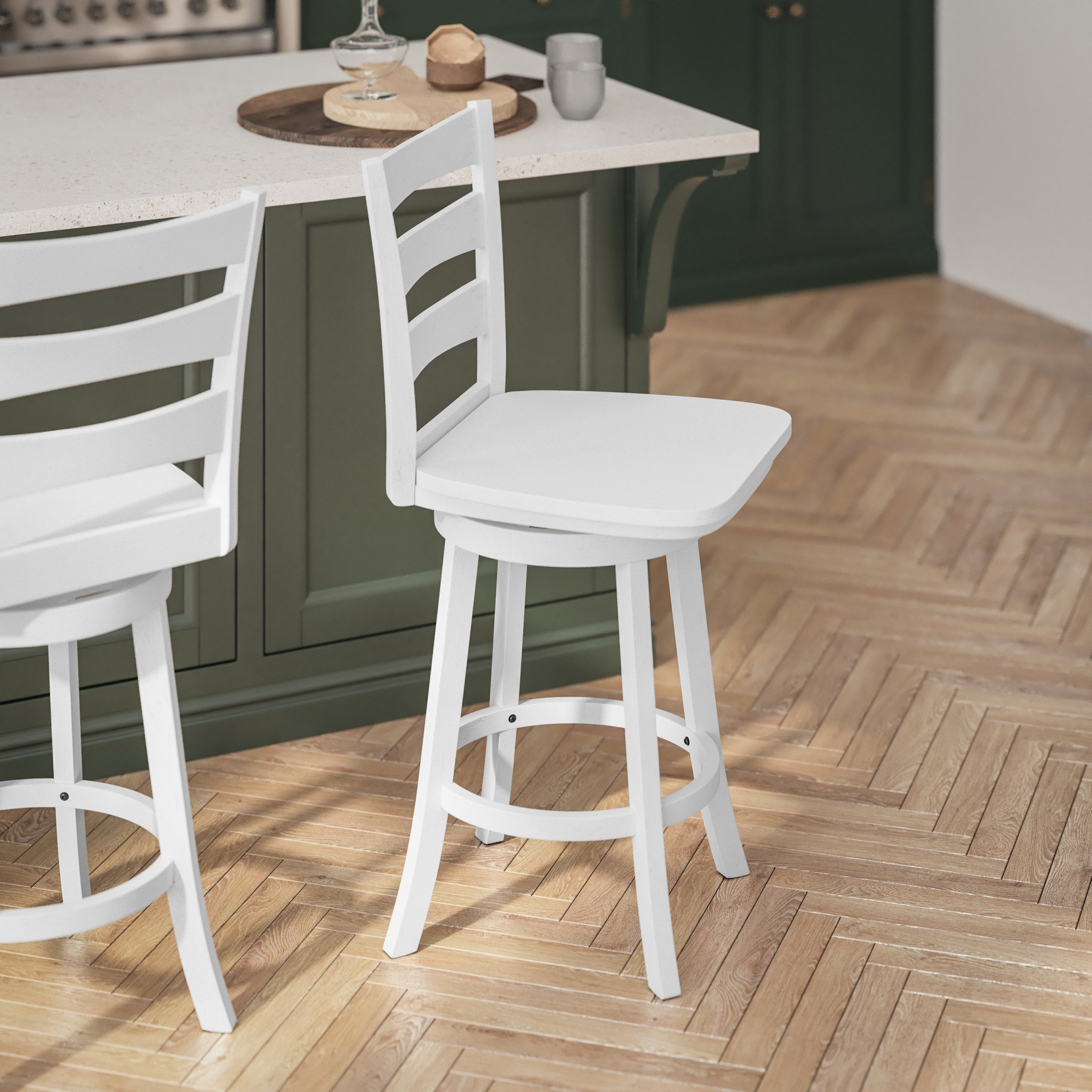 Liesel Commercial Grade Wooden Classic Ladderback Swivel Counter Height Barstool with Solid Wood Seat, Antique White Wash