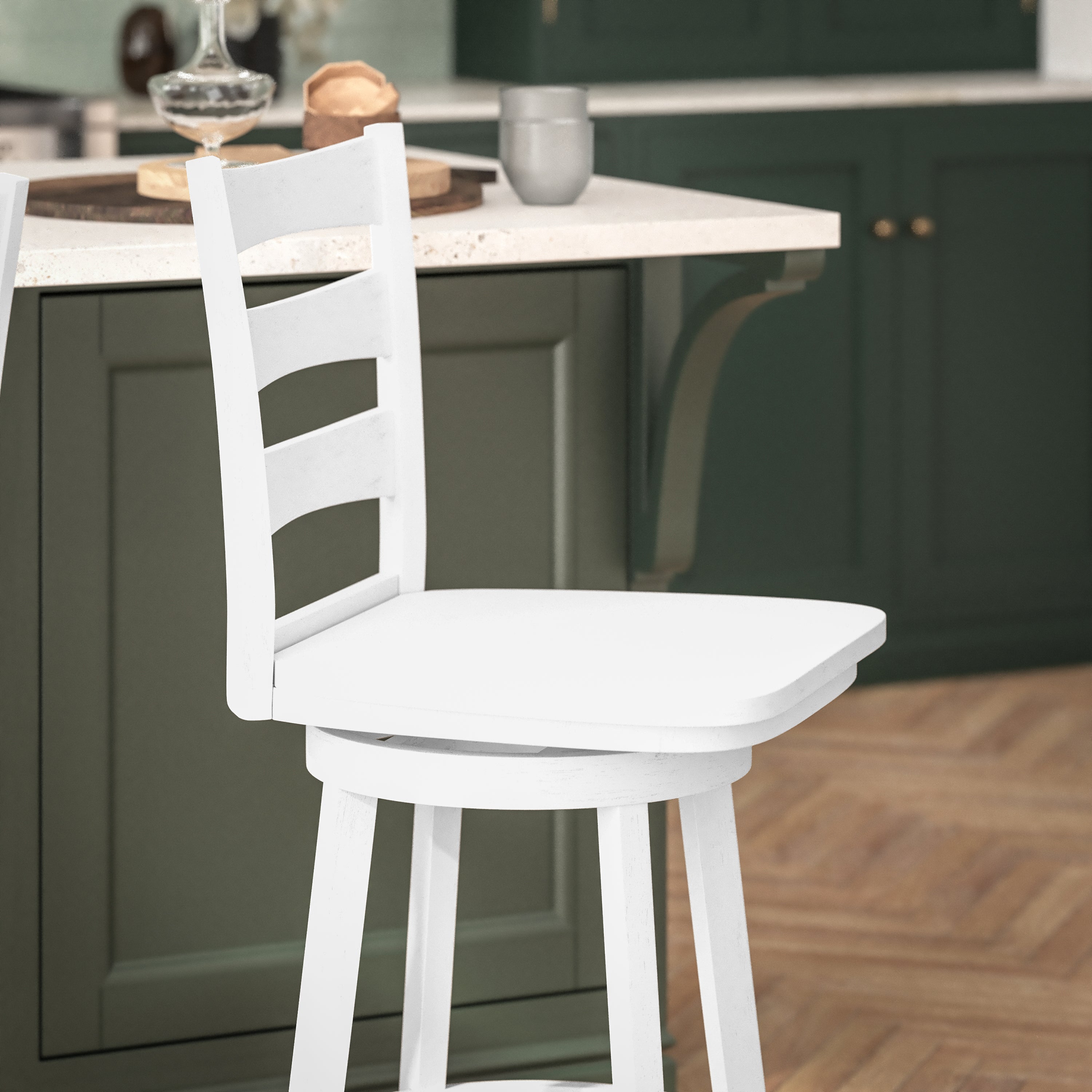 Liesel Commercial Grade Wooden Classic Ladderback Swivel Counter Height Barstool with Solid Wood Seat, Antique White Wash
