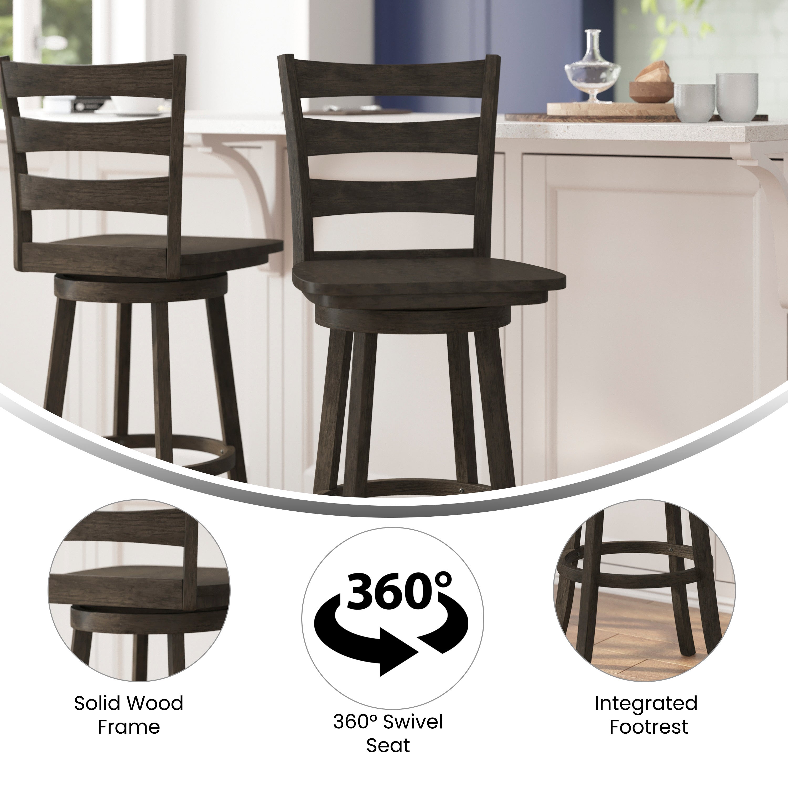 Liesel Commercial Grade Wooden Classic Ladderback Swivel Bar Height Barstool with Solid Wood Seat, Gray Wash Walnut