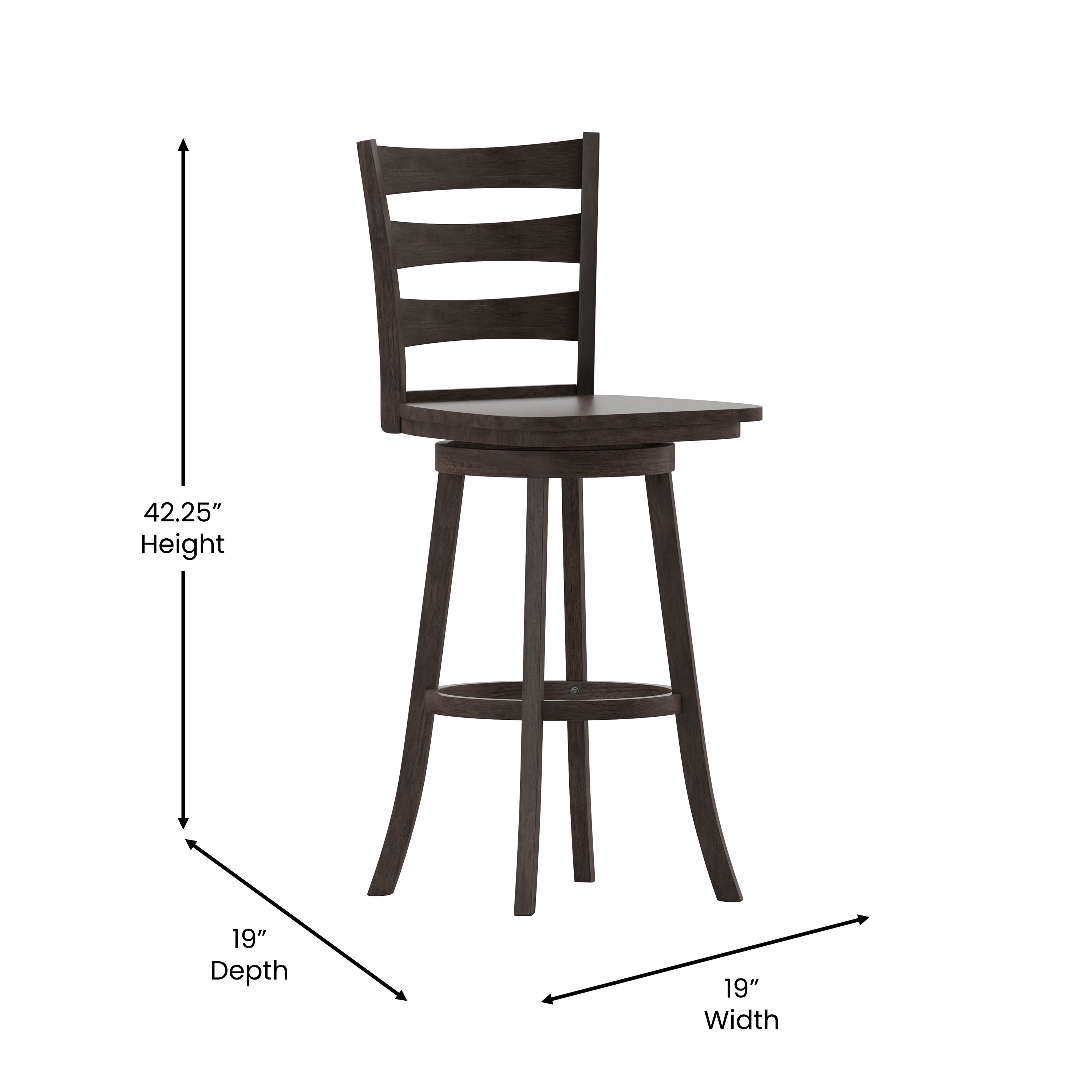 Liesel Commercial Grade Wooden Classic Ladderback Swivel Bar Height Barstool with Solid Wood Seat, Gray Wash Walnut