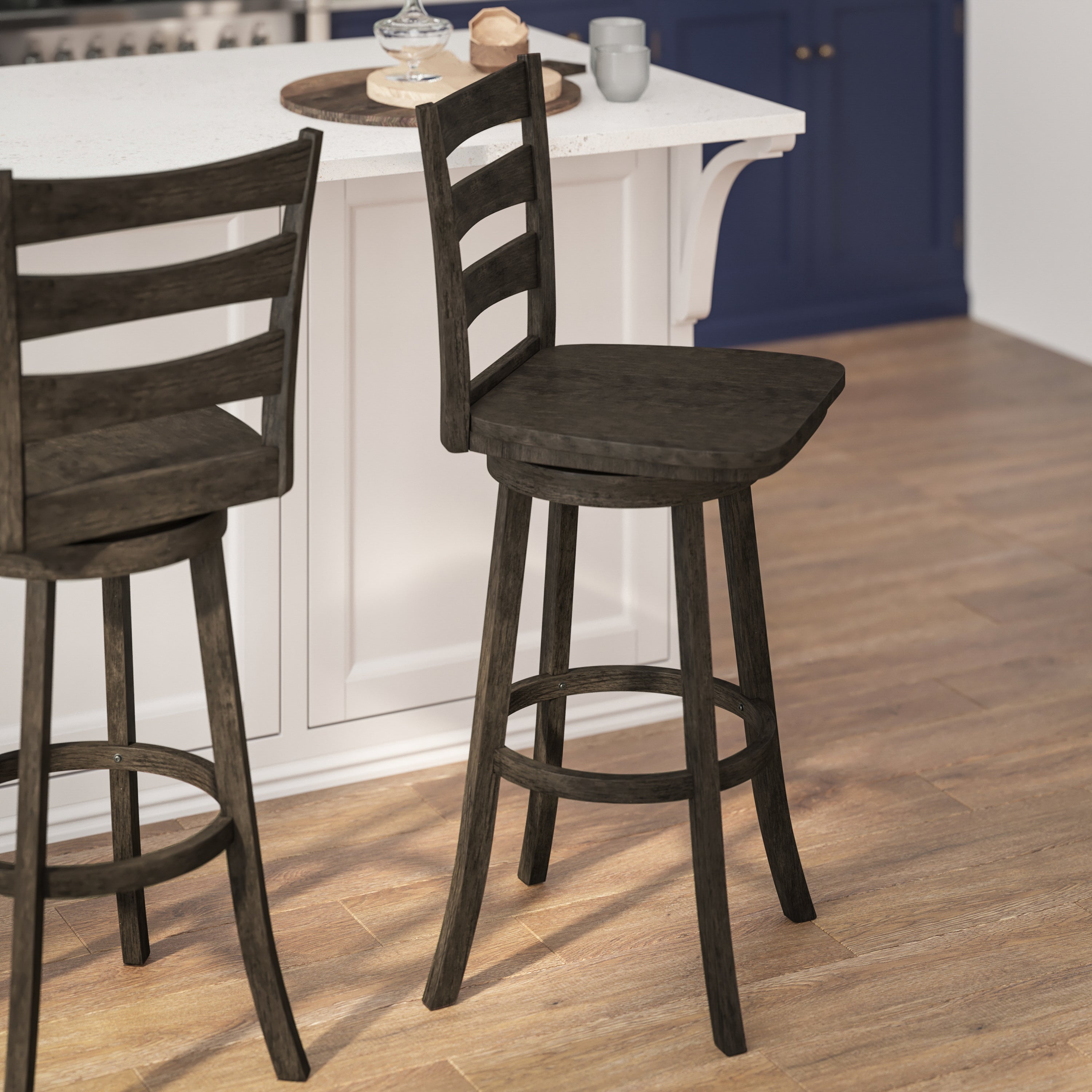 Liesel Commercial Grade Wooden Classic Ladderback Swivel Bar Height Barstool with Solid Wood Seat, Gray Wash Walnut