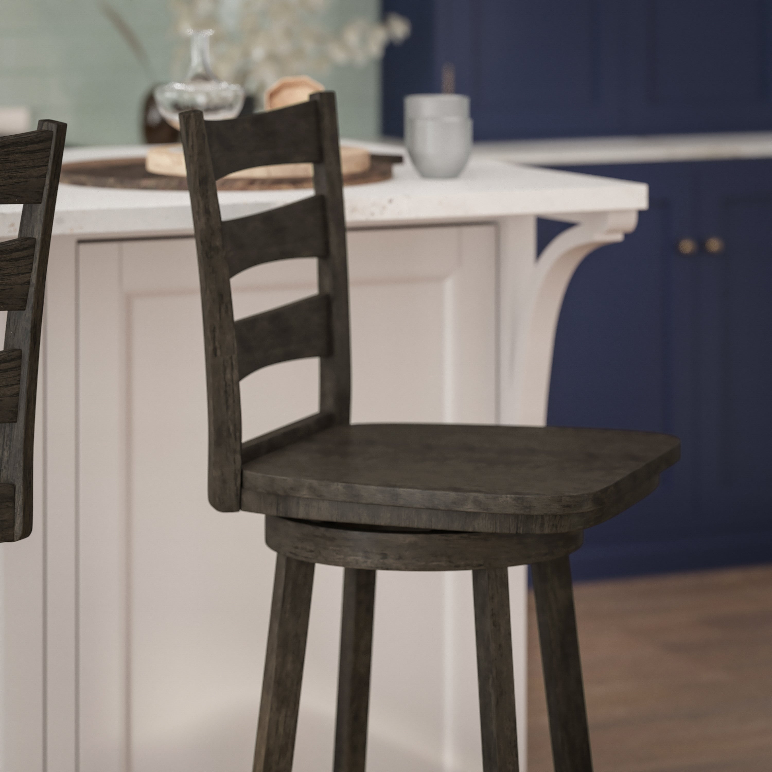 Liesel Commercial Grade Wooden Classic Ladderback Swivel Bar Height Barstool with Solid Wood Seat, Gray Wash Walnut