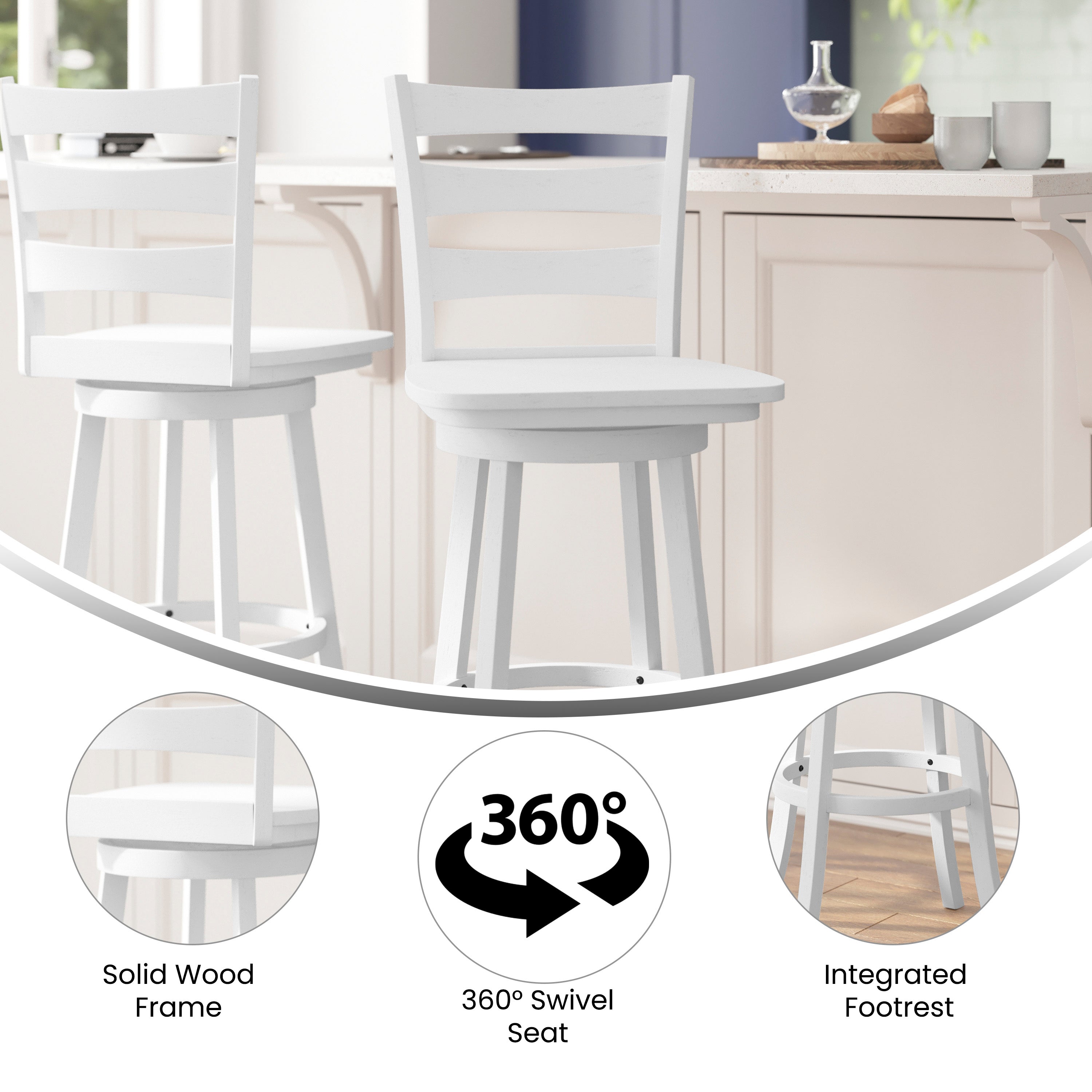 Liesel Commercial Grade Wooden Classic Ladderback Swivel Bar Height Barstool with Solid Wood Seat, Antique White Wash