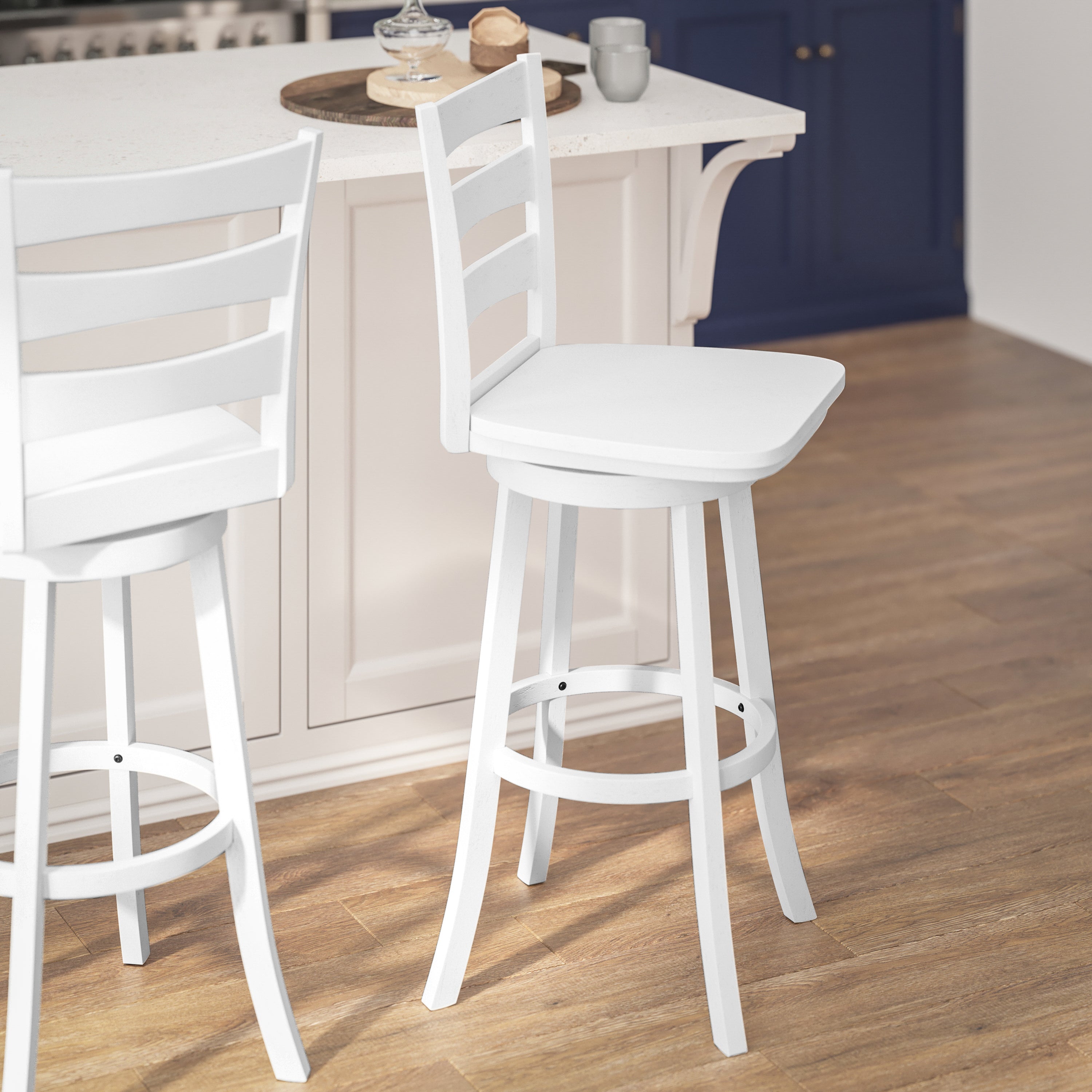 Liesel Commercial Grade Wooden Classic Ladderback Swivel Bar Height Barstool with Solid Wood Seat, Antique White Wash