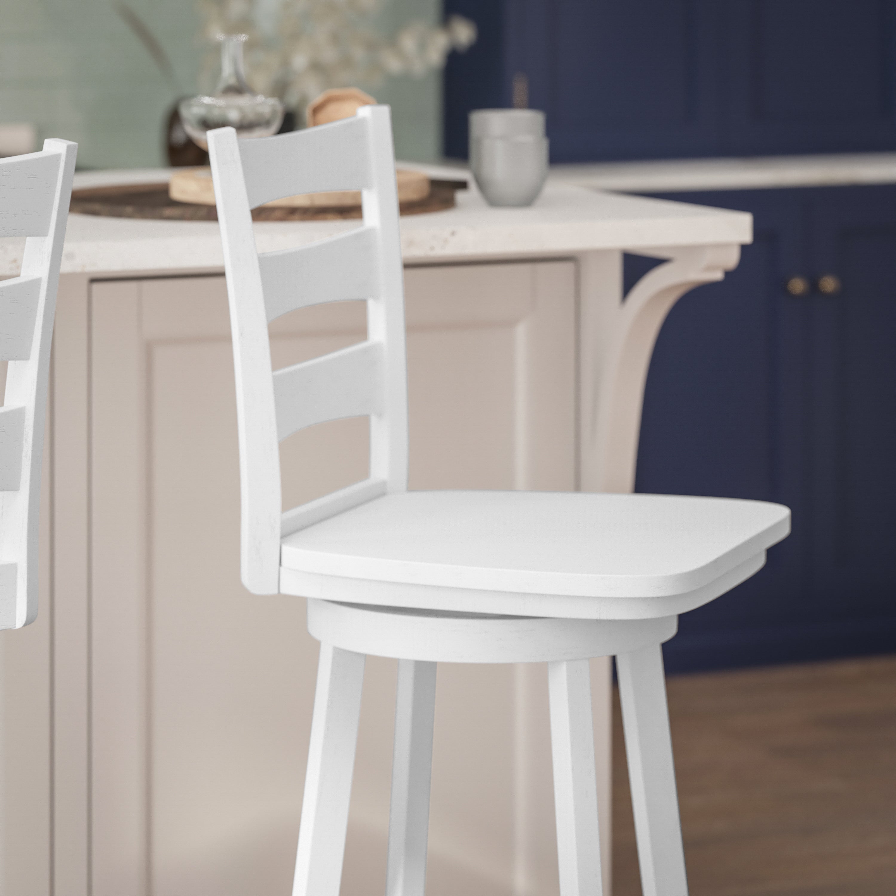 Liesel Commercial Grade Wooden Classic Ladderback Swivel Bar Height Barstool with Solid Wood Seat, Antique White Wash