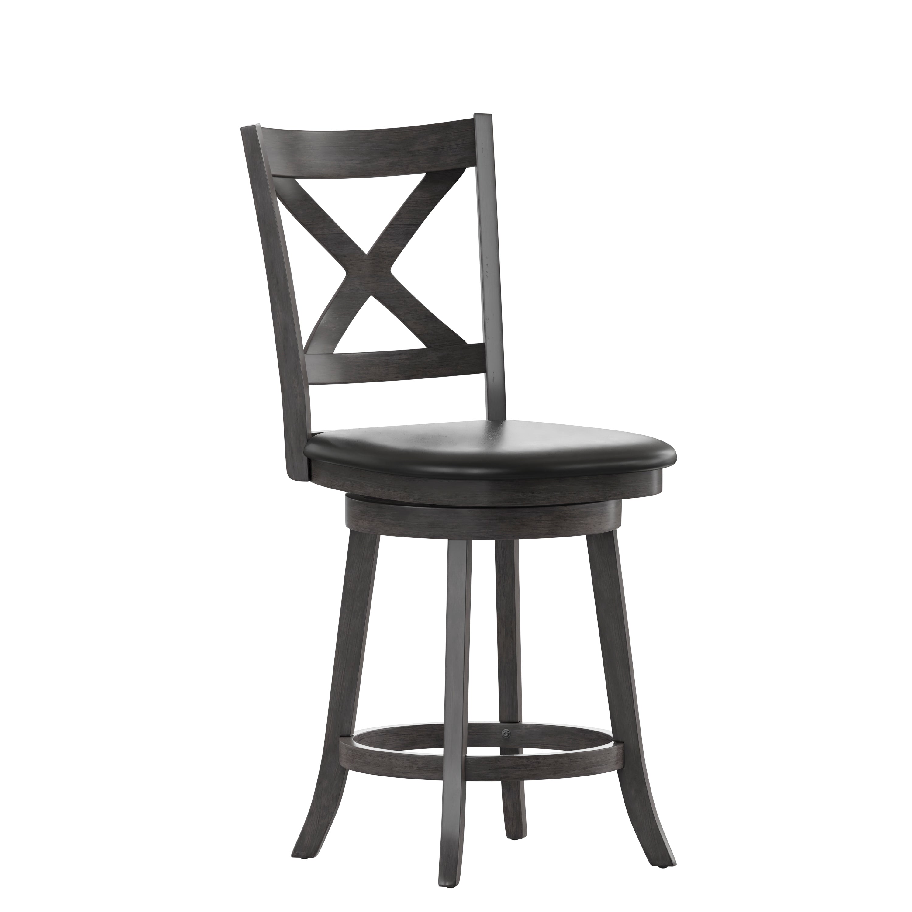 Felicity Commercial Grade Wood Classic Crossback Swivel Counter Height Barstool with Padded Black LeatherSoft Seat, Gray Wash Walnut