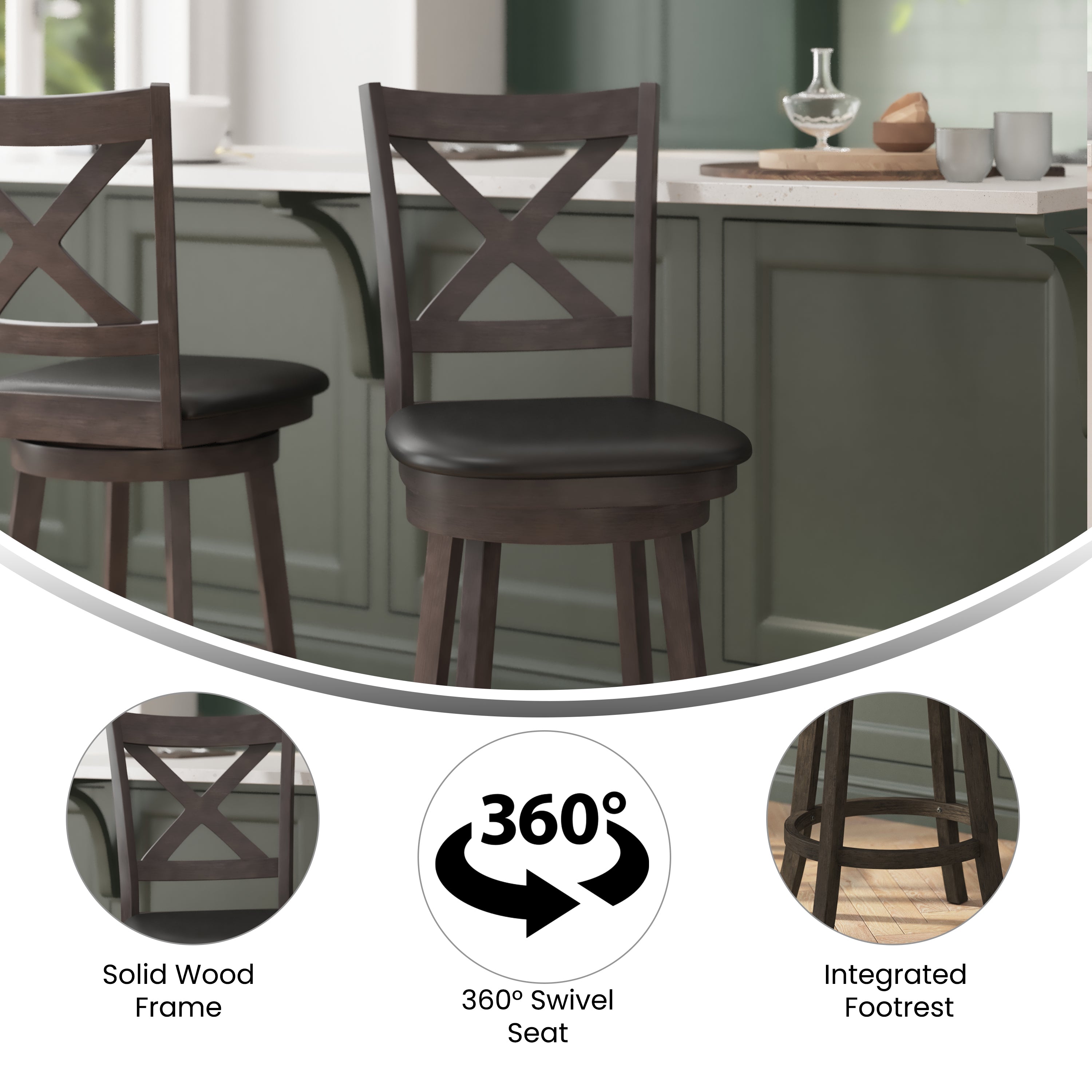 Felicity Commercial Grade Wood Classic Crossback Swivel Counter Height Barstool with Padded Black LeatherSoft Seat, Gray Wash Walnut