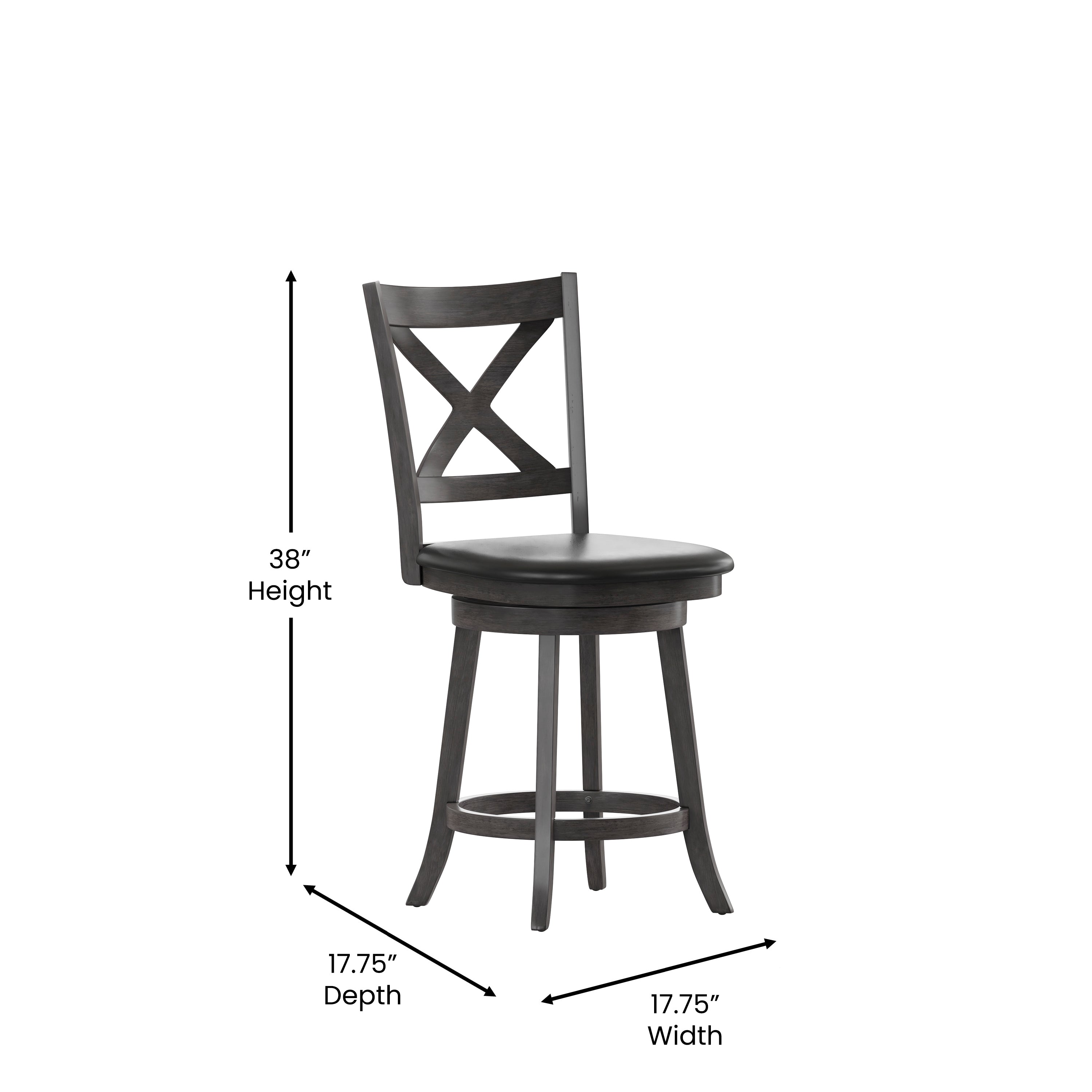 Felicity Commercial Grade Wood Classic Crossback Swivel Counter Height Barstool with Padded Black LeatherSoft Seat, Gray Wash Walnut