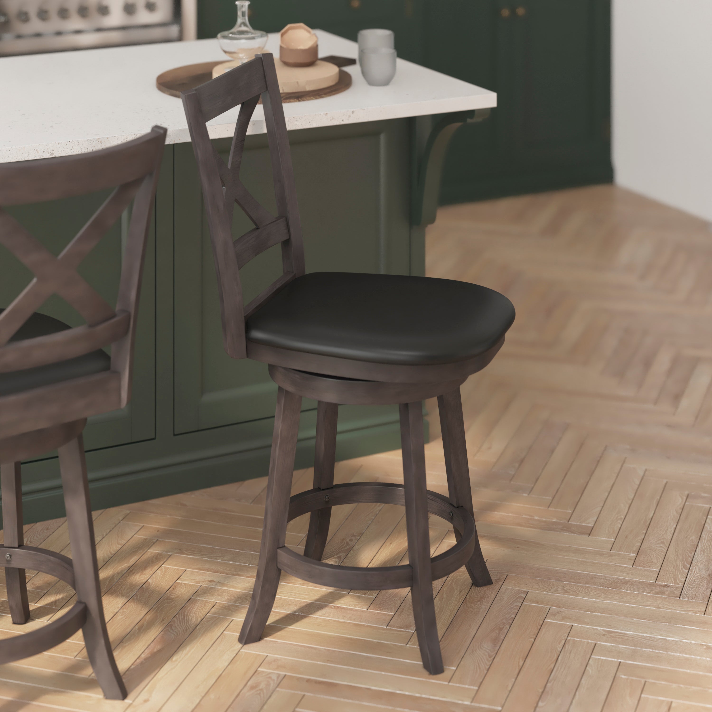 Felicity Commercial Grade Wood Classic Crossback Swivel Counter Height Barstool with Padded Black LeatherSoft Seat, Gray Wash Walnut