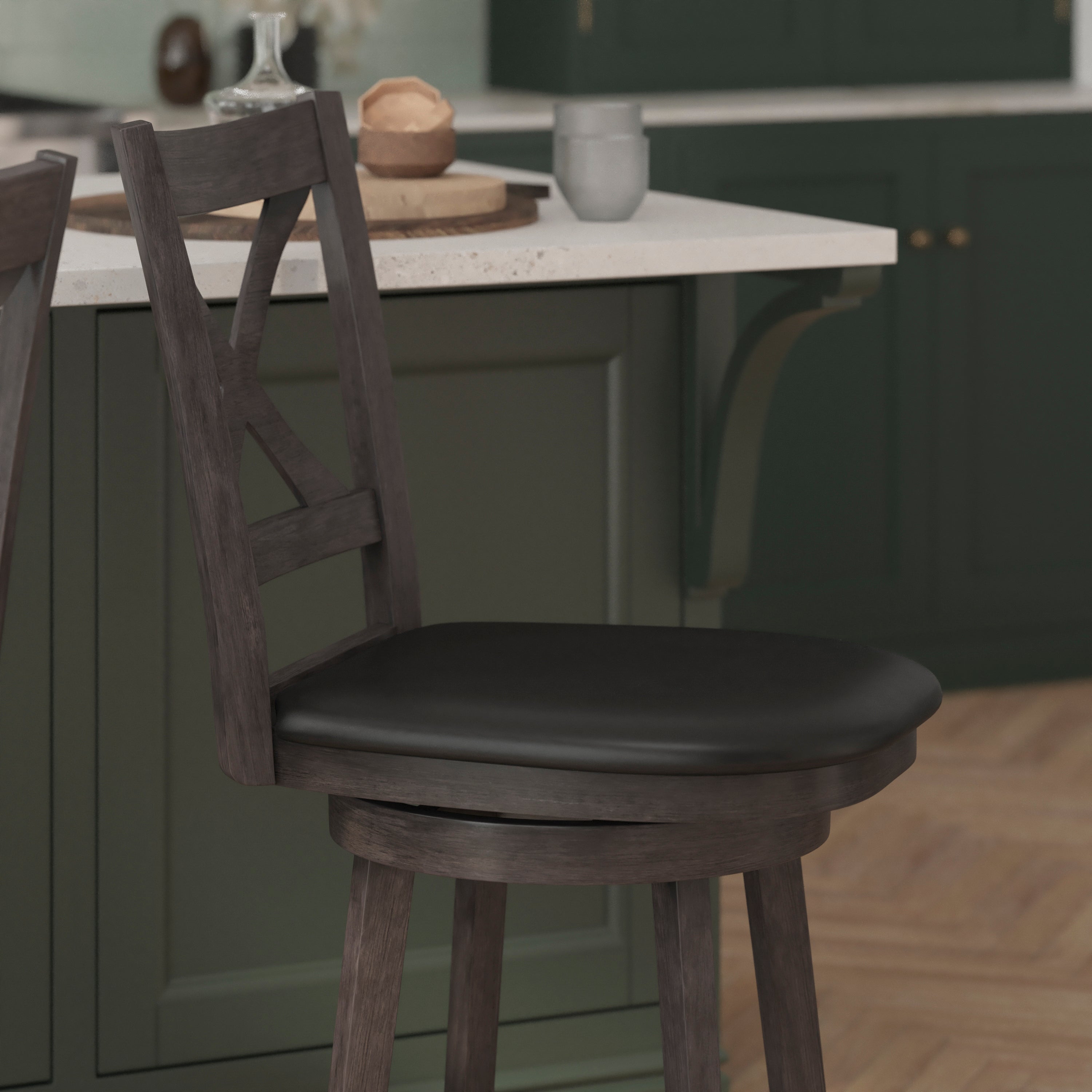 Felicity Commercial Grade Wood Classic Crossback Swivel Counter Height Barstool with Padded Black LeatherSoft Seat, Gray Wash Walnut