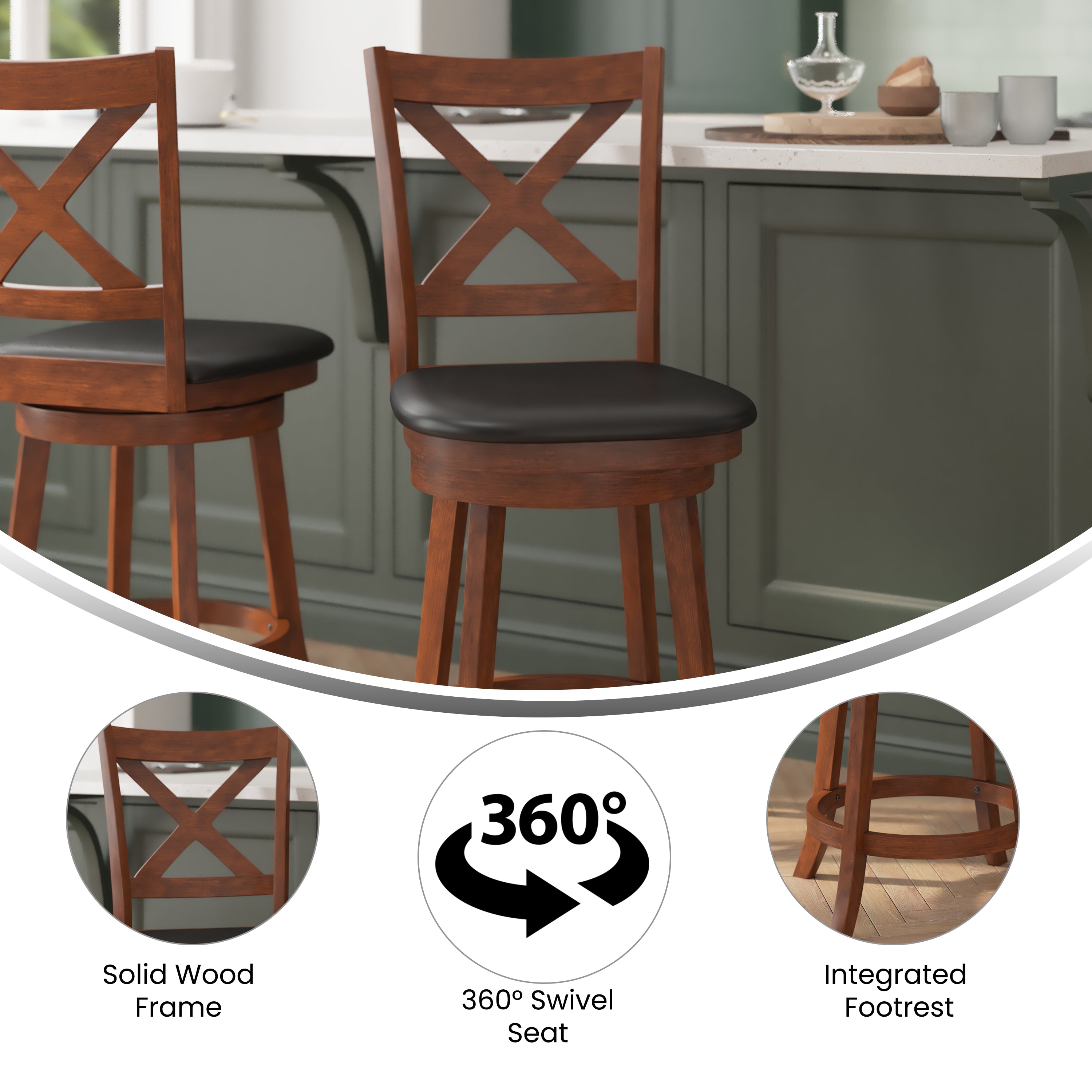 Felicity Commercial Grade Wood Classic Crossback Swivel Counter Height Barstool with Padded Black LeatherSoft Seat, Antique Oak