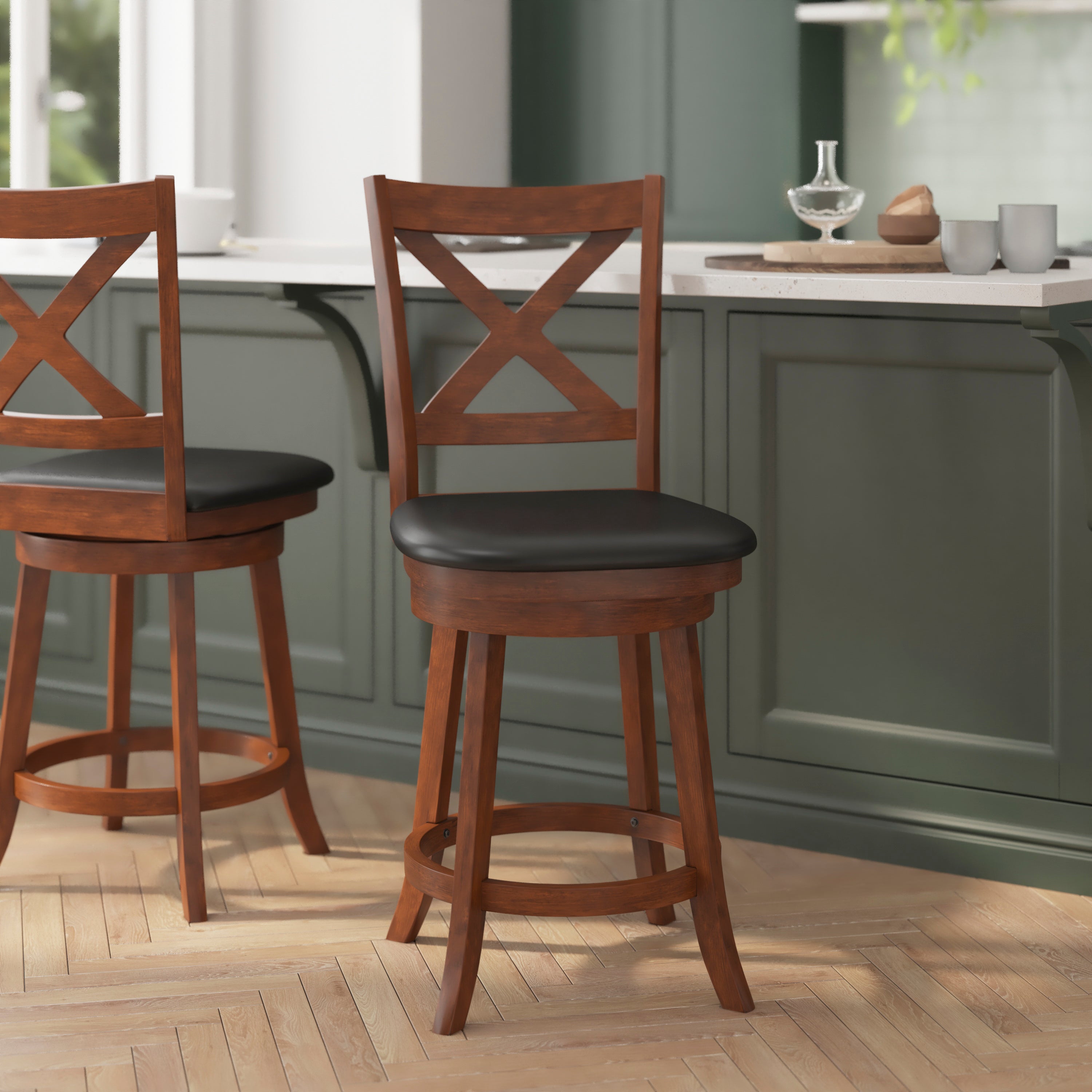 Felicity Commercial Grade Wood Classic Crossback Swivel Counter Height Barstool with Padded Black LeatherSoft Seat, Antique Oak