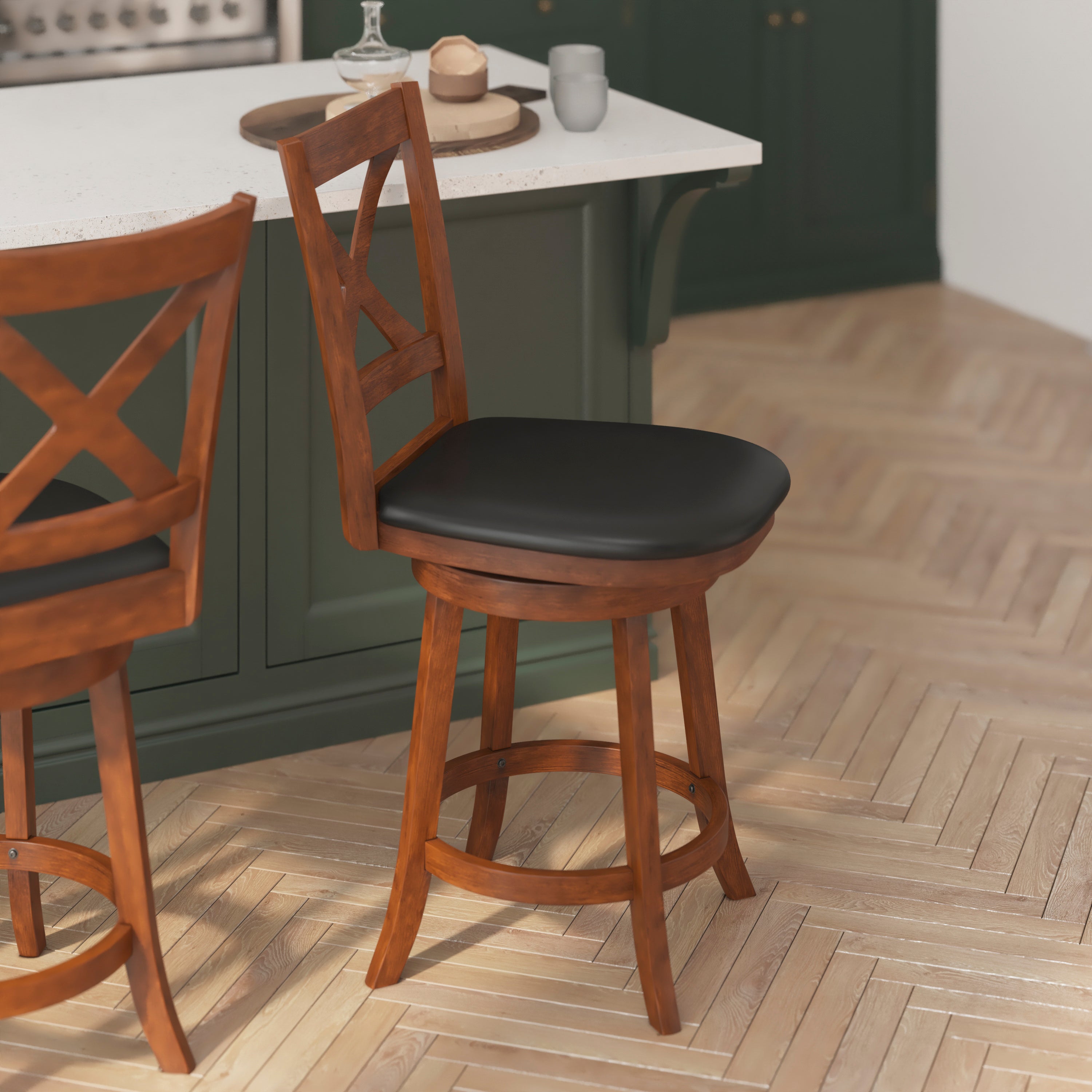 Felicity Commercial Grade Wood Classic Crossback Swivel Counter Height Barstool with Padded Black LeatherSoft Seat, Antique Oak